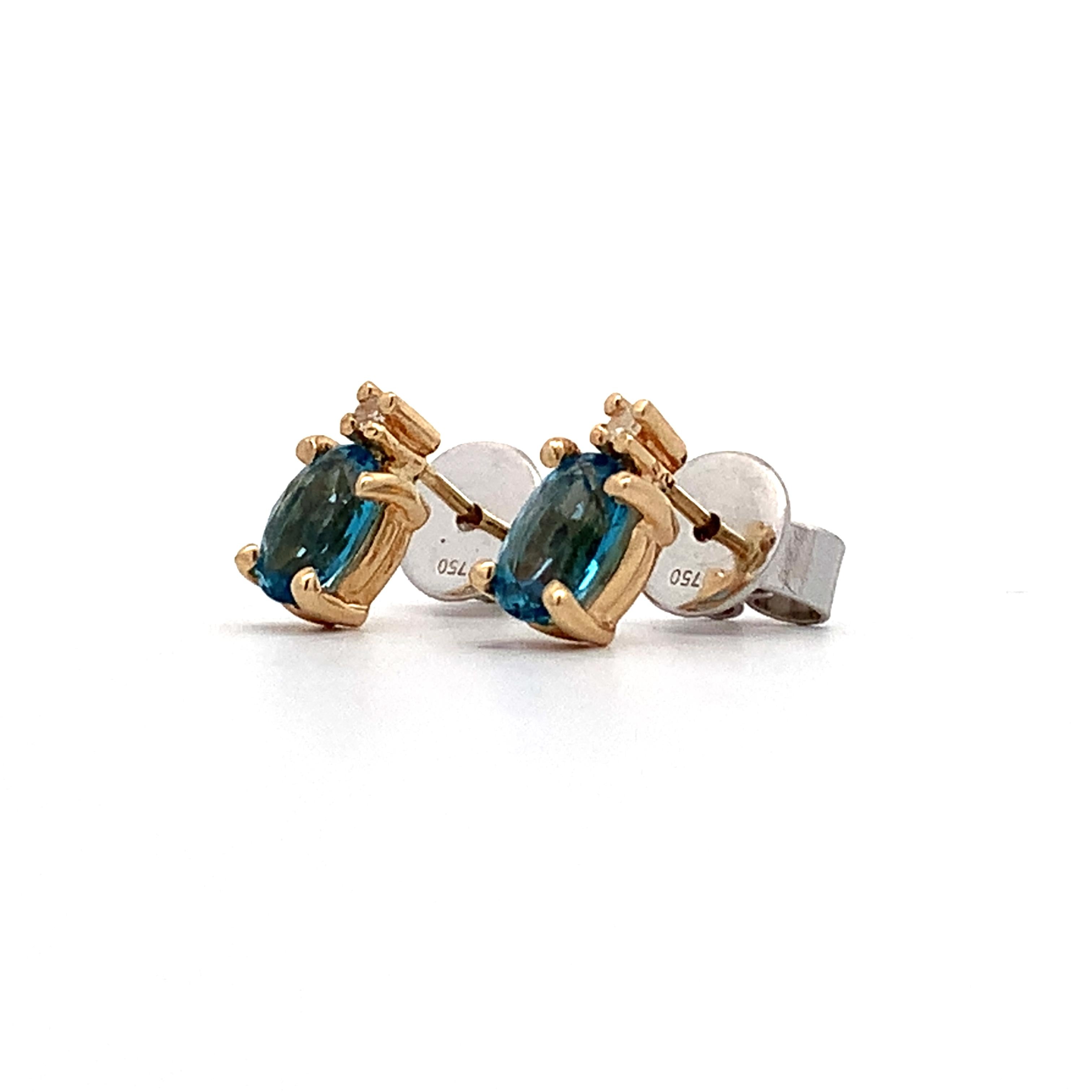 14K Yellow Gold Oval Blue Topaz & Single Cut Diamond Accent Dainty Stud Earrings