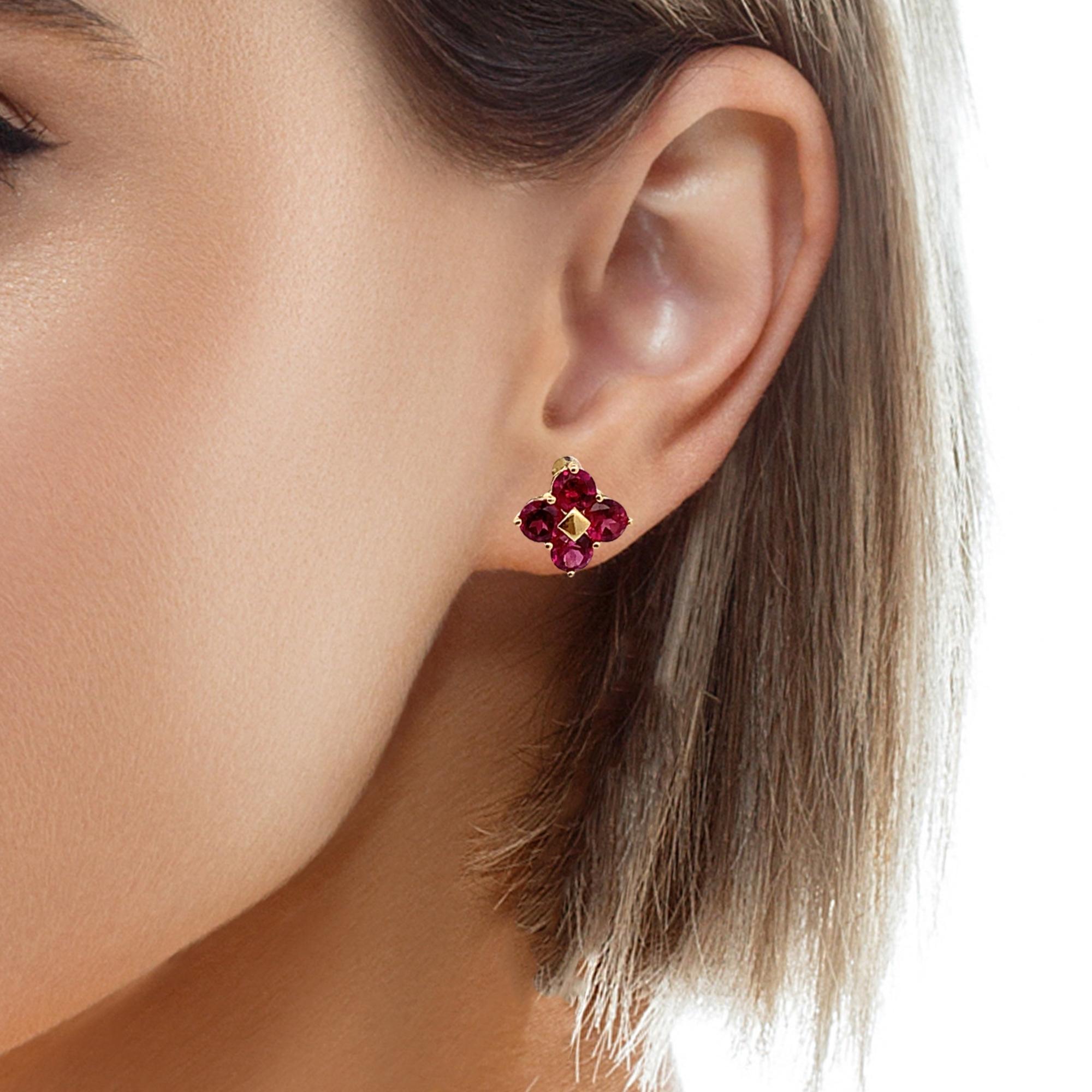 14K Gold Round Rhodolite Garnet Four Petal Flower Dainty Stud Post Earrings
