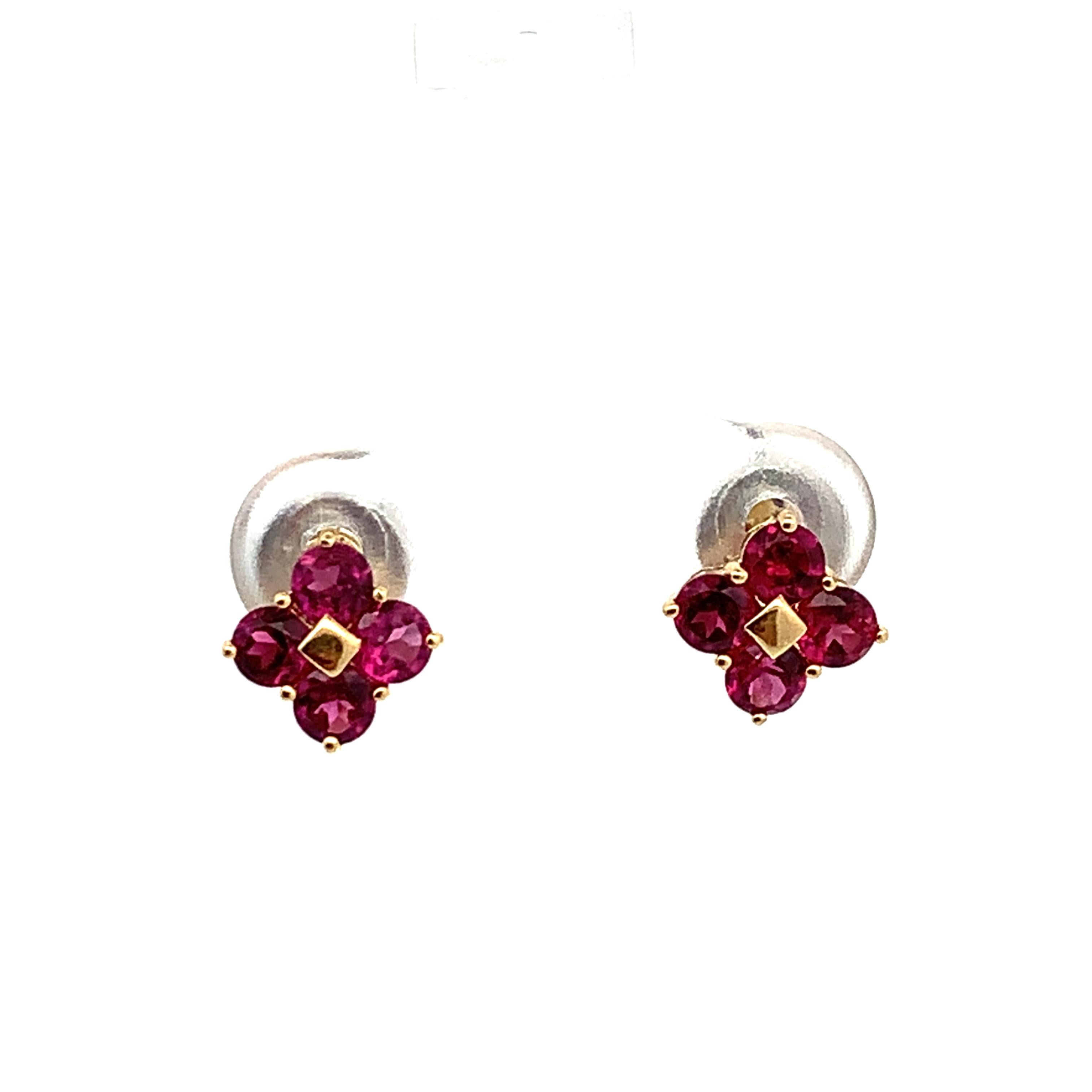 14K Gold Round Rhodolite Garnet Four Petal Flower Dainty Stud Post Earrings