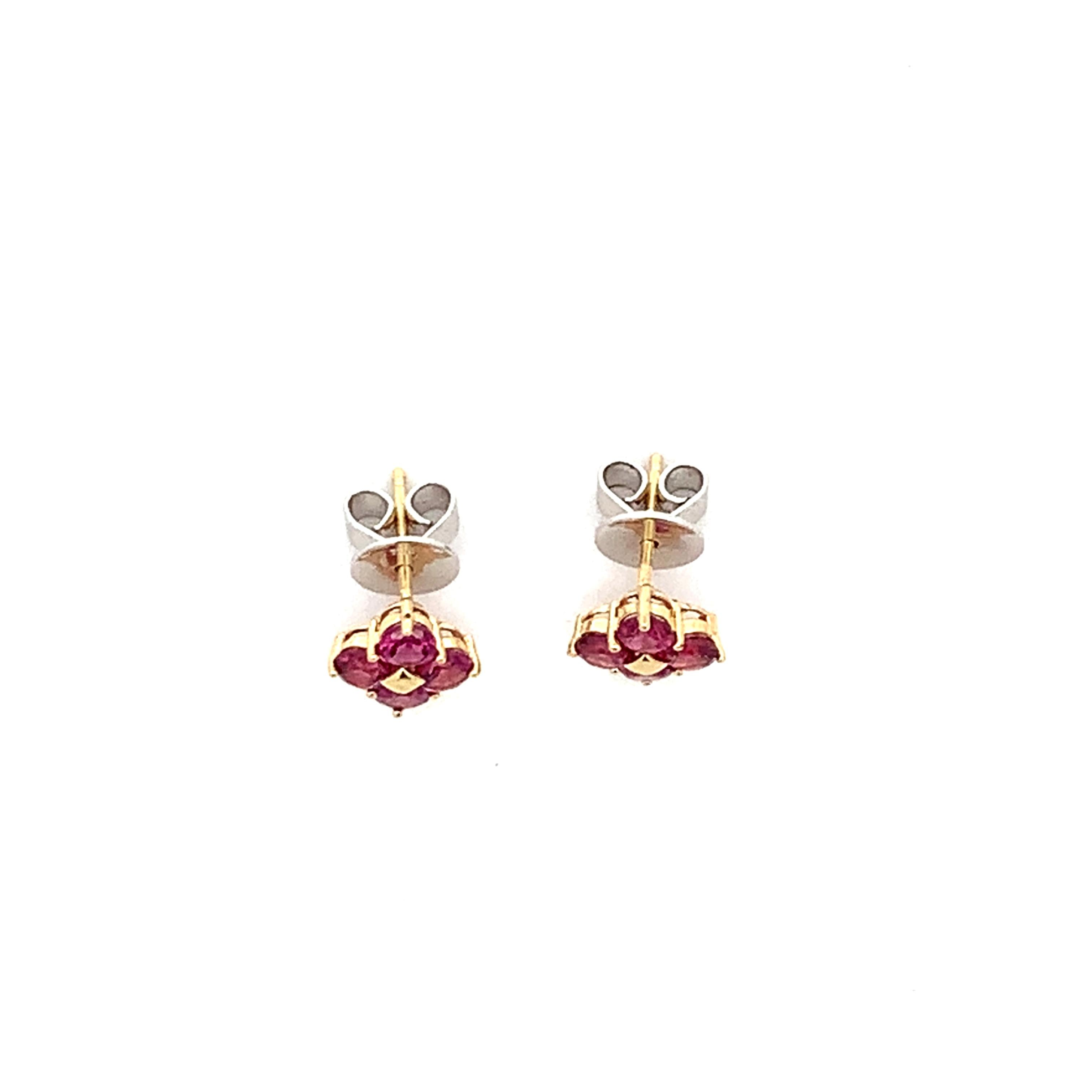 14K Gold Round Rhodolite Garnet Four Petal Flower Dainty Stud Post Earrings