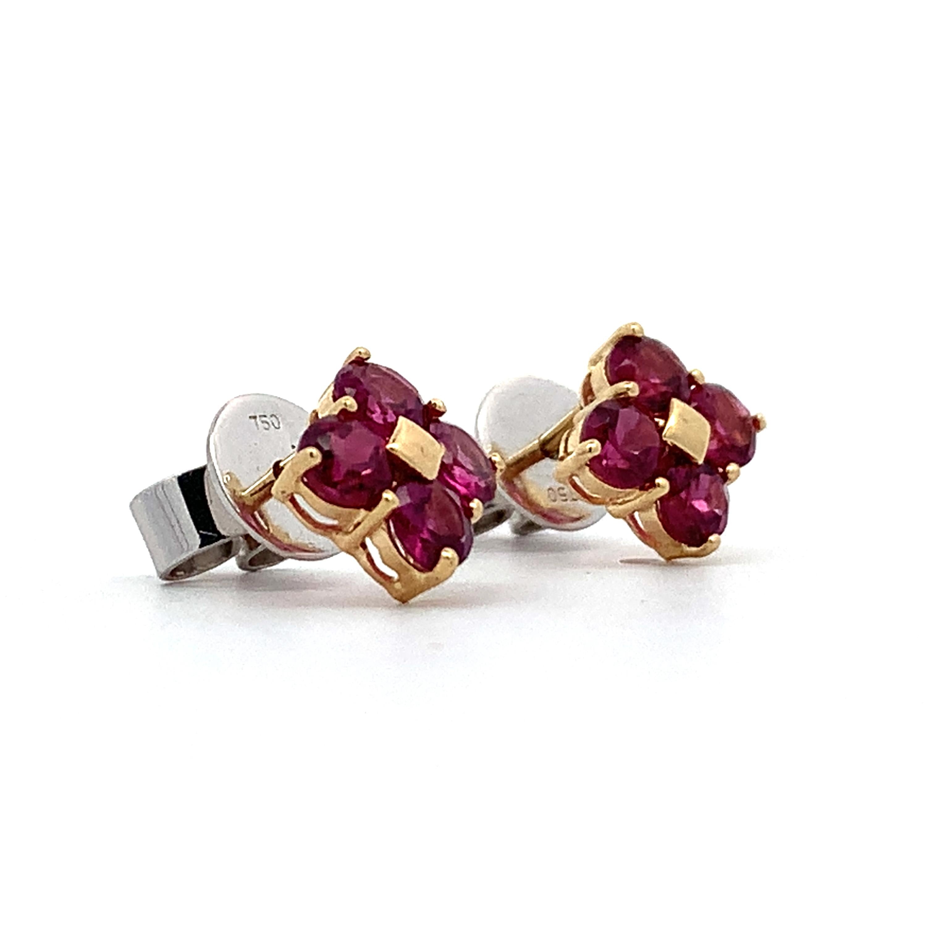 14K Gold Round Rhodolite Garnet Four Petal Flower Dainty Stud Post Earrings