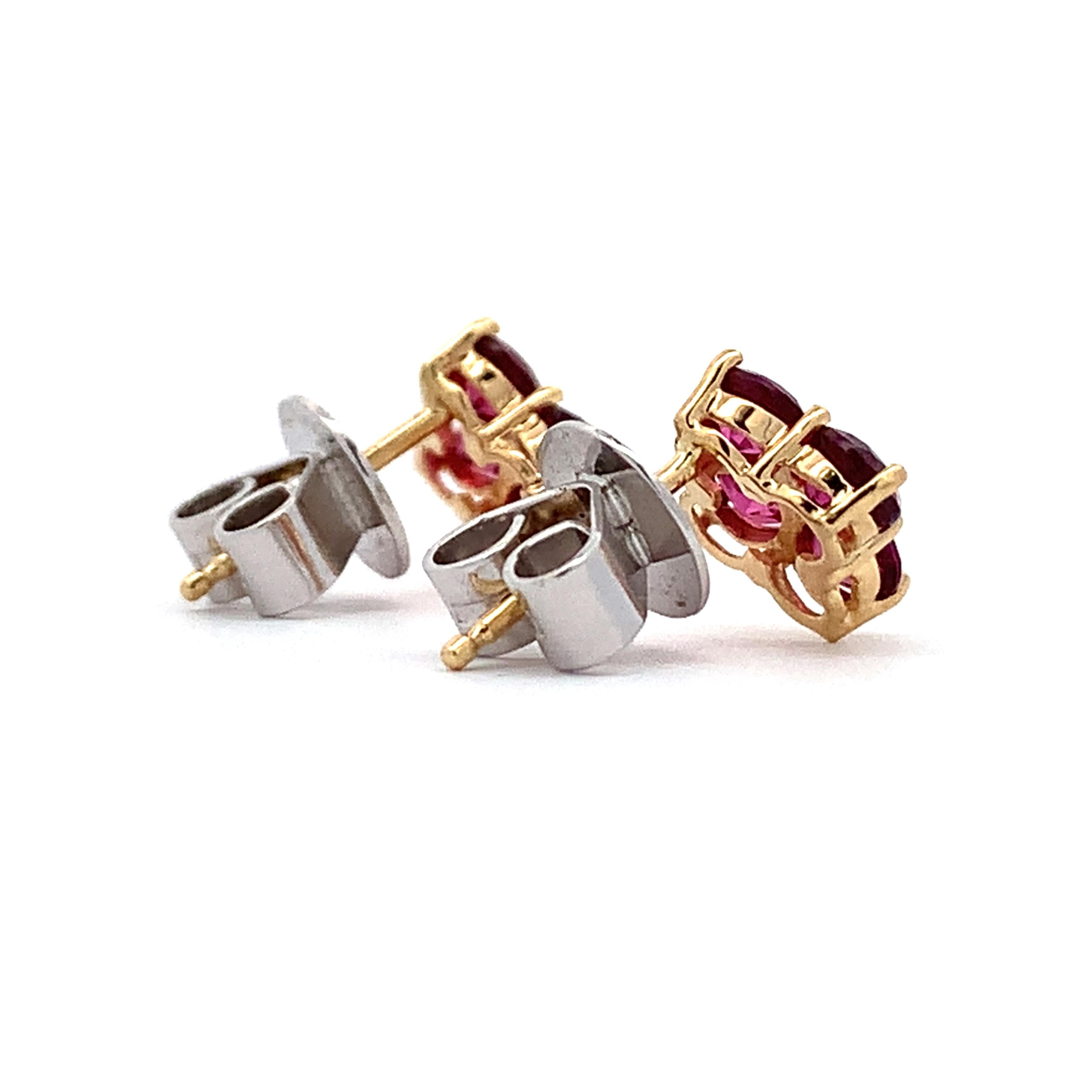 14K Gold Round Rhodolite Garnet Four Petal Flower Dainty Stud Post Earrings