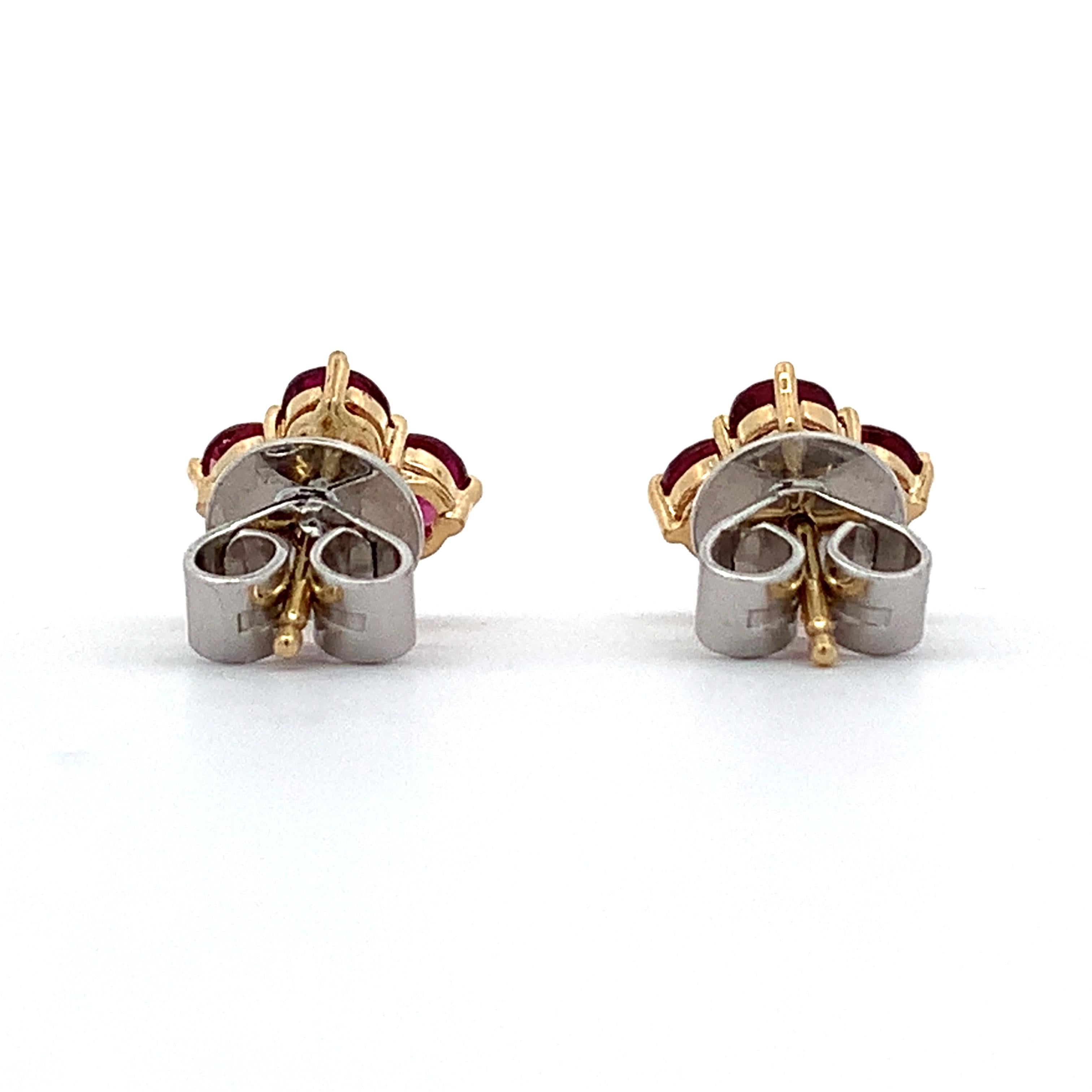 14K Gold Round Rhodolite Garnet Four Petal Flower Dainty Stud Post Earrings