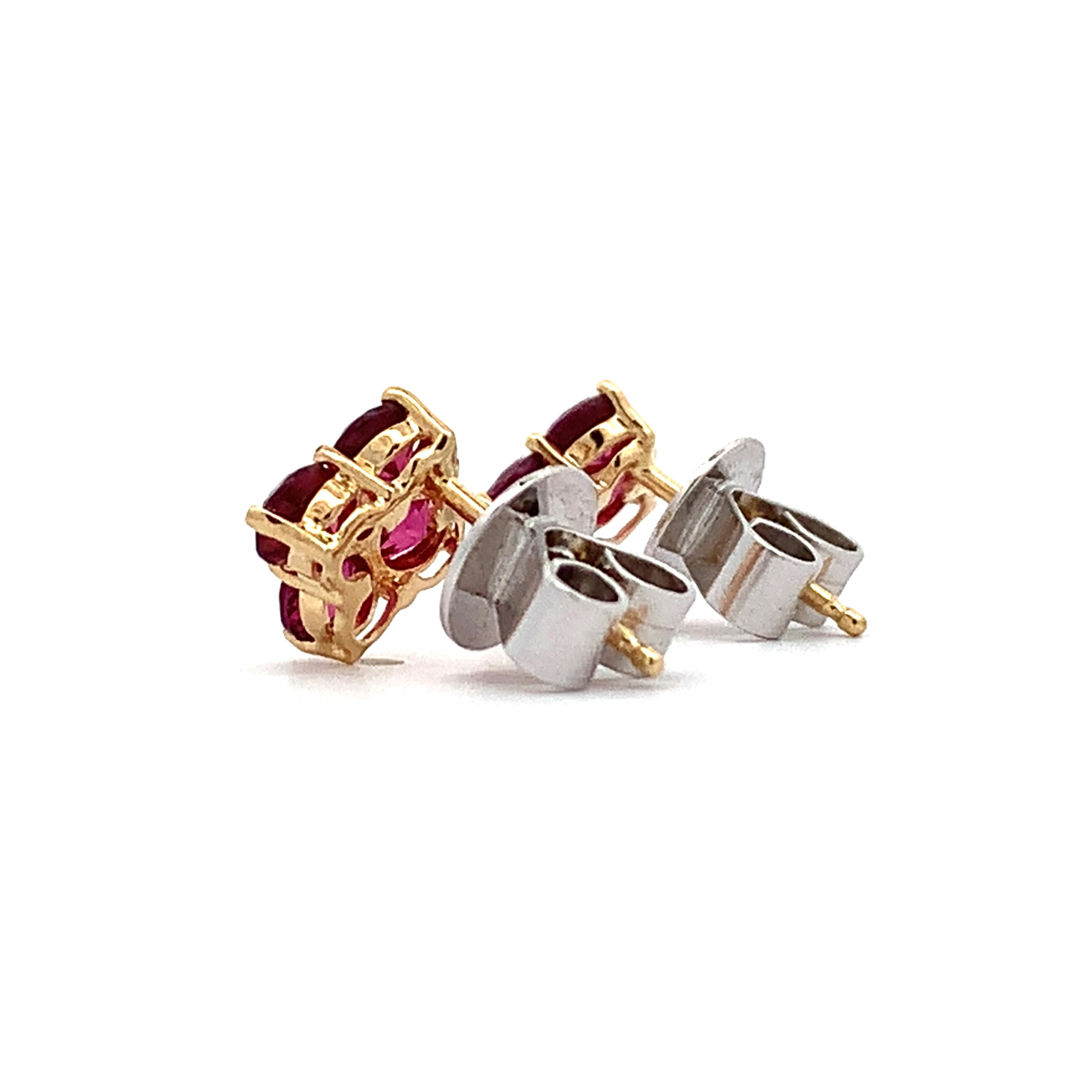 14K Gold Round Rhodolite Garnet Four Petal Flower Dainty Stud Post Earrings