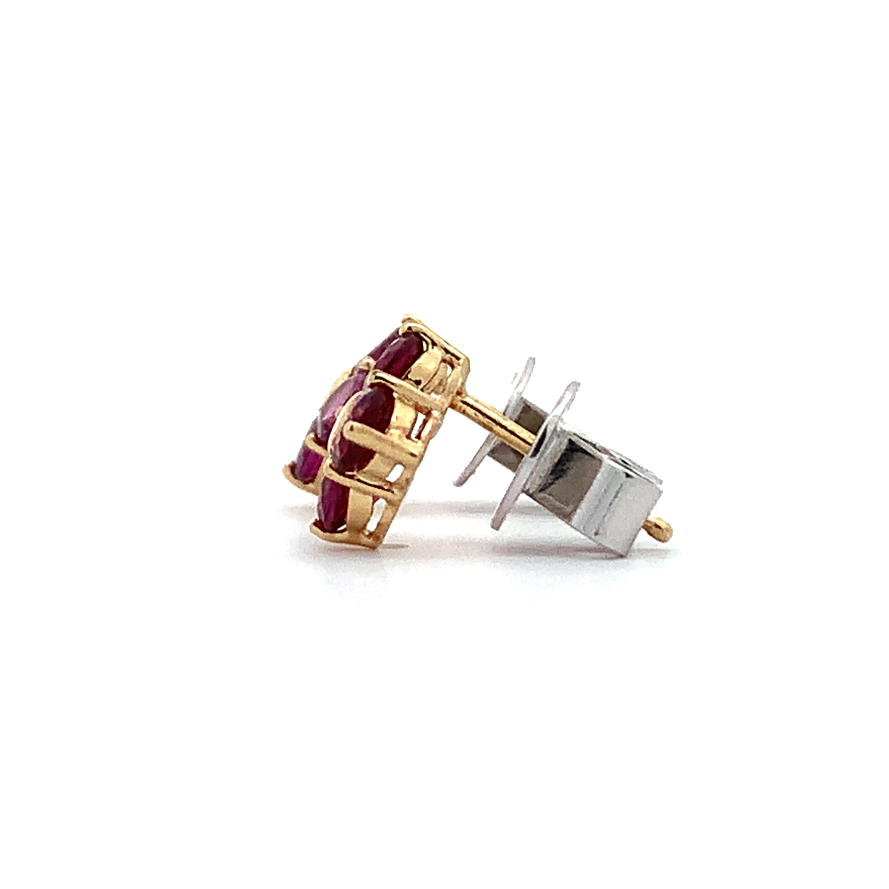 14K Gold Round Rhodolite Garnet Four Petal Flower Dainty Stud Post Earrings