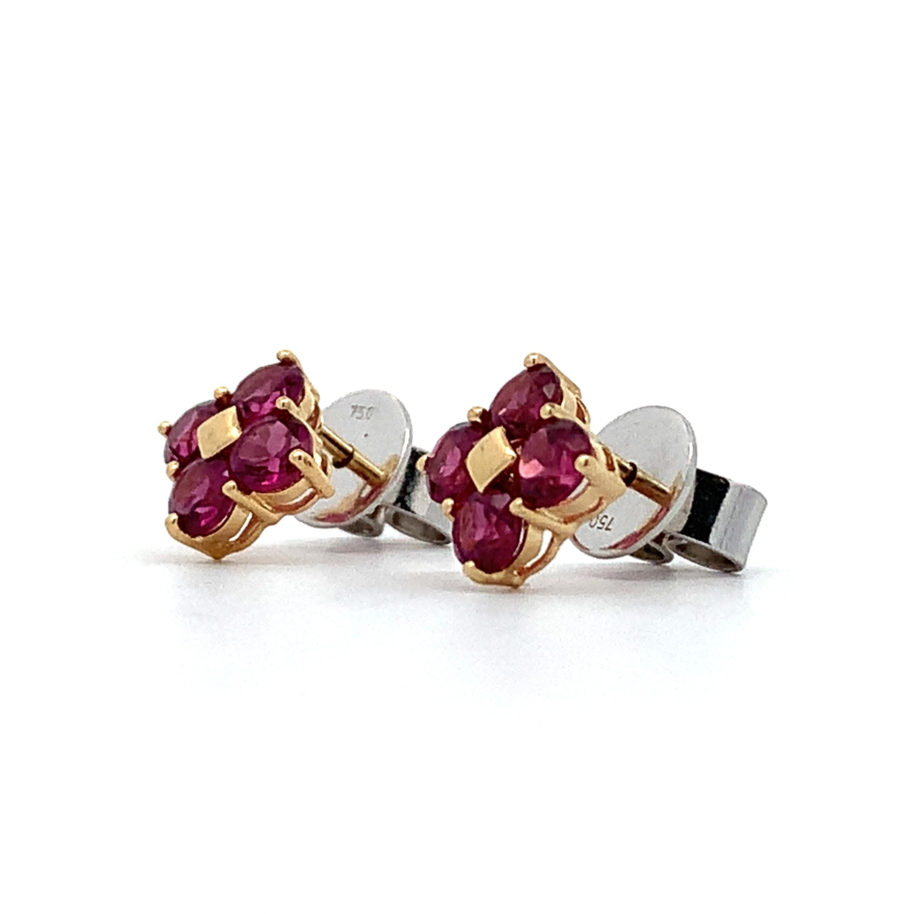 14K Gold Round Rhodolite Garnet Four Petal Flower Dainty Stud Post Earrings