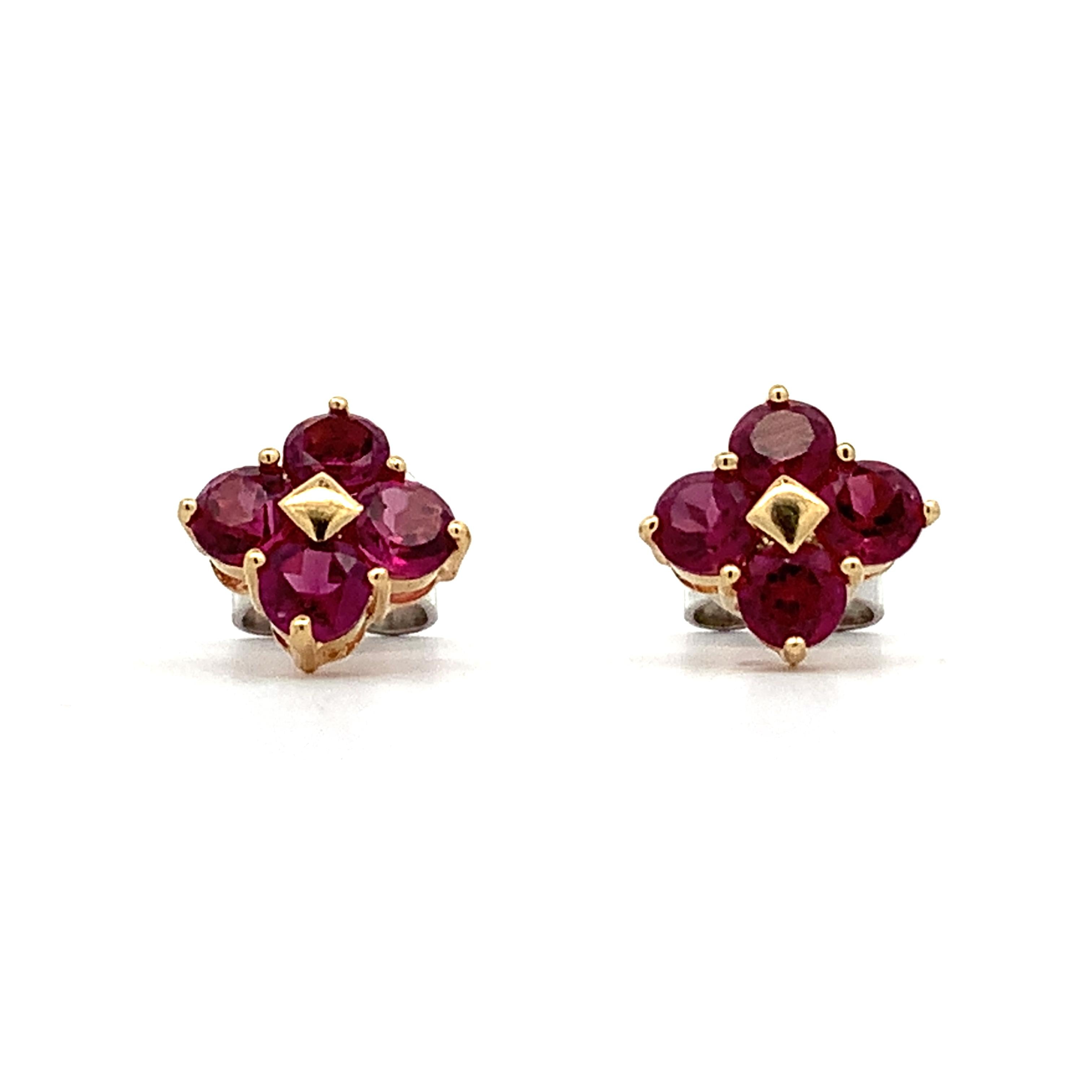 14K Gold Round Rhodolite Garnet Four Petal Flower Dainty Stud Post Earrings