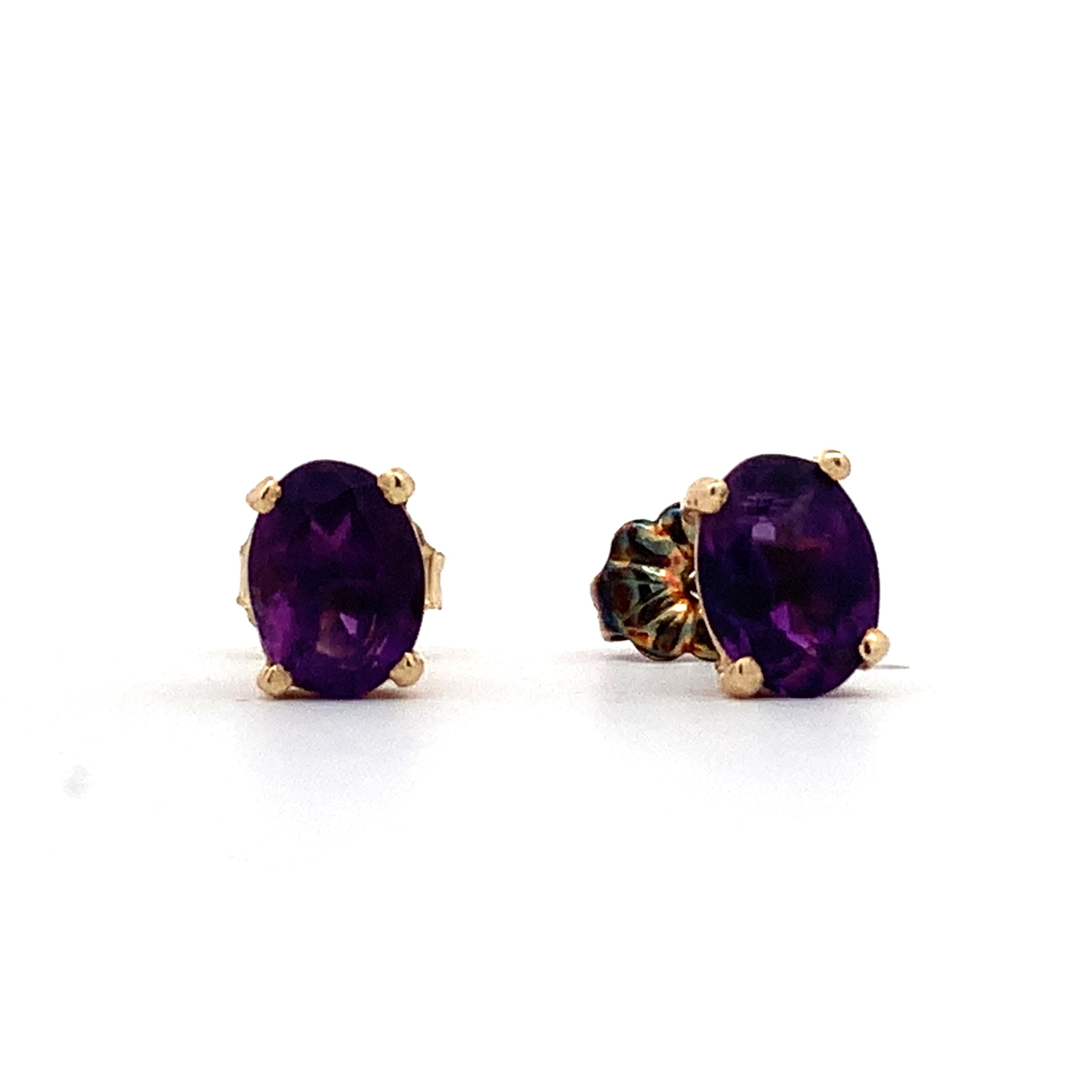14K Yellow Gold Four-Prongs Oval Cut Amethyst Solitaire Dainty Stud Earrings