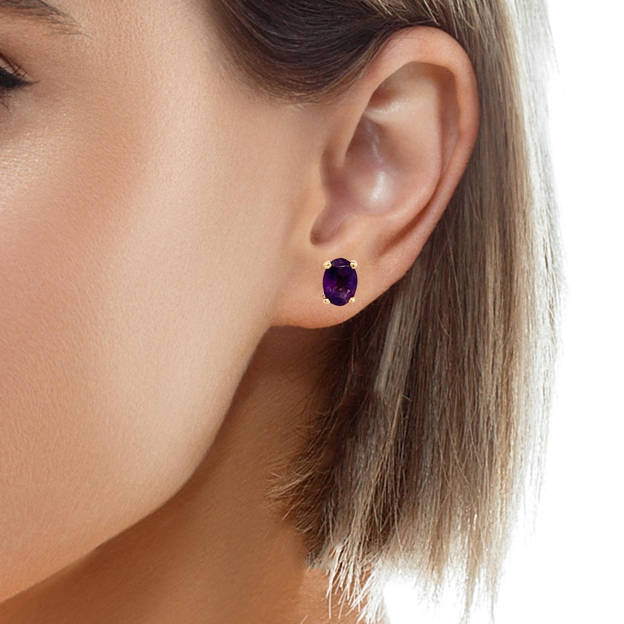 14K Yellow Gold Four-Prongs Oval Cut Amethyst Solitaire Dainty Stud Earrings