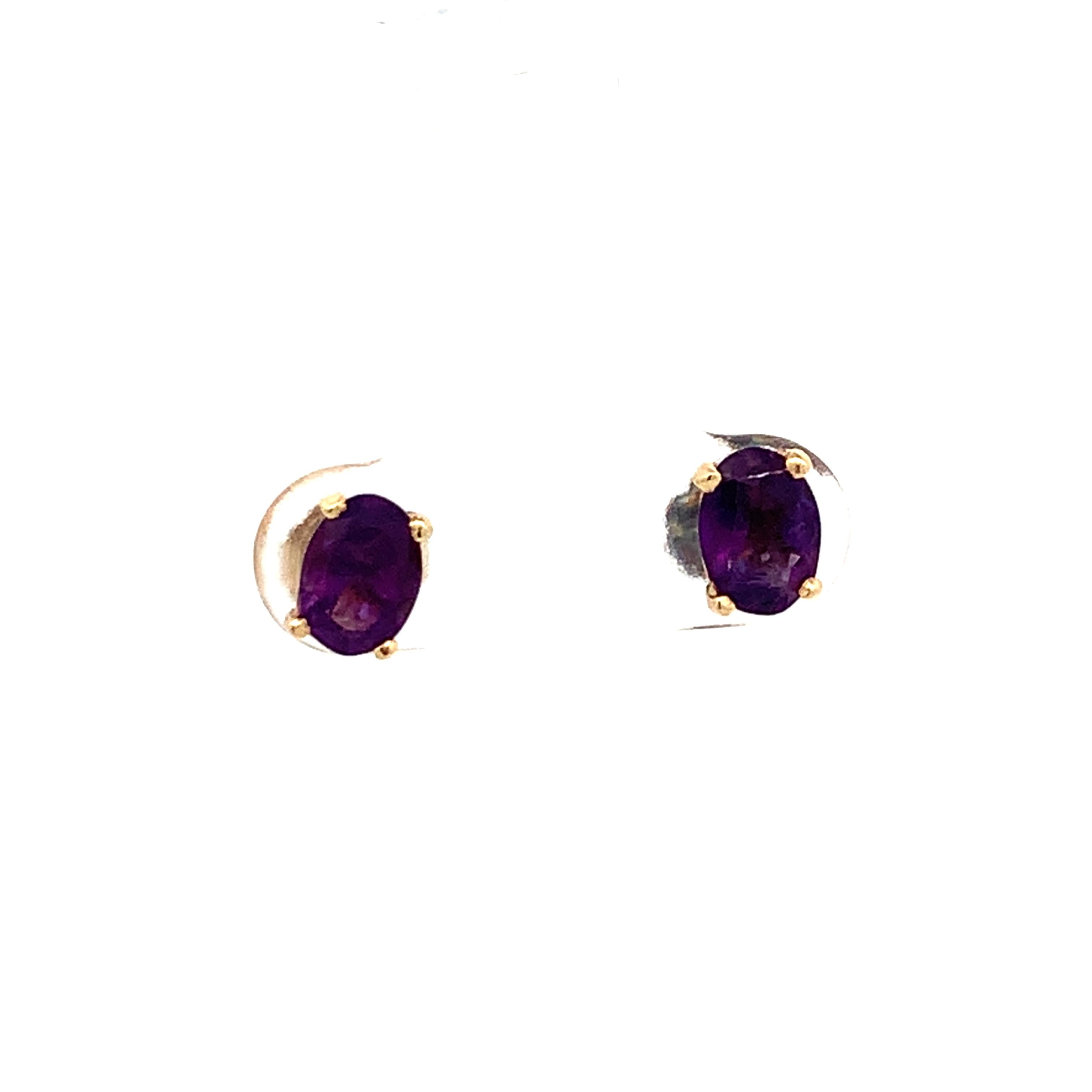14K Yellow Gold Four-Prongs Oval Cut Amethyst Solitaire Dainty Stud Earrings
