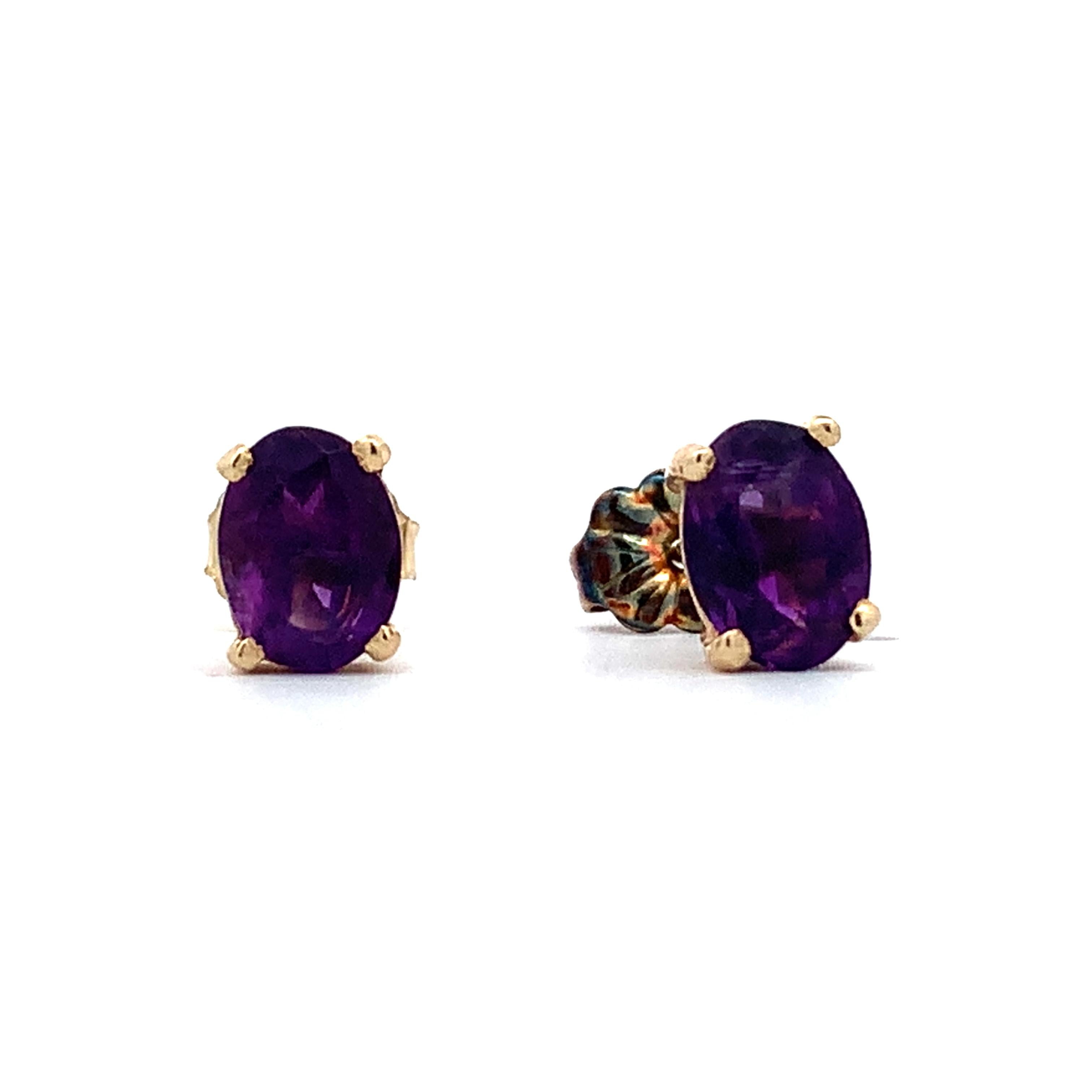 14K Yellow Gold Four-Prongs Oval Cut Amethyst Solitaire Dainty Stud Earrings