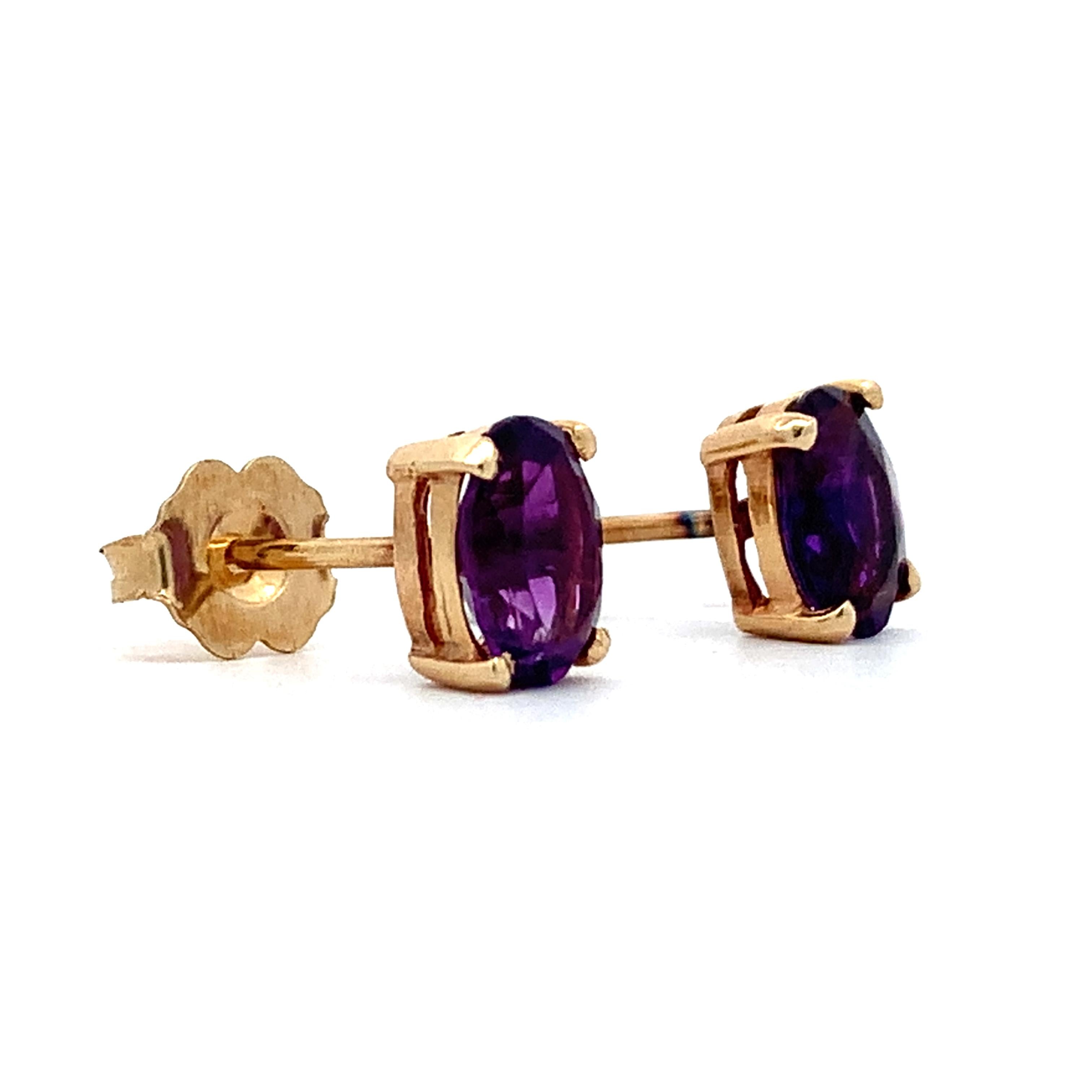 14K Yellow Gold Four-Prongs Oval Cut Amethyst Solitaire Dainty Stud Earrings