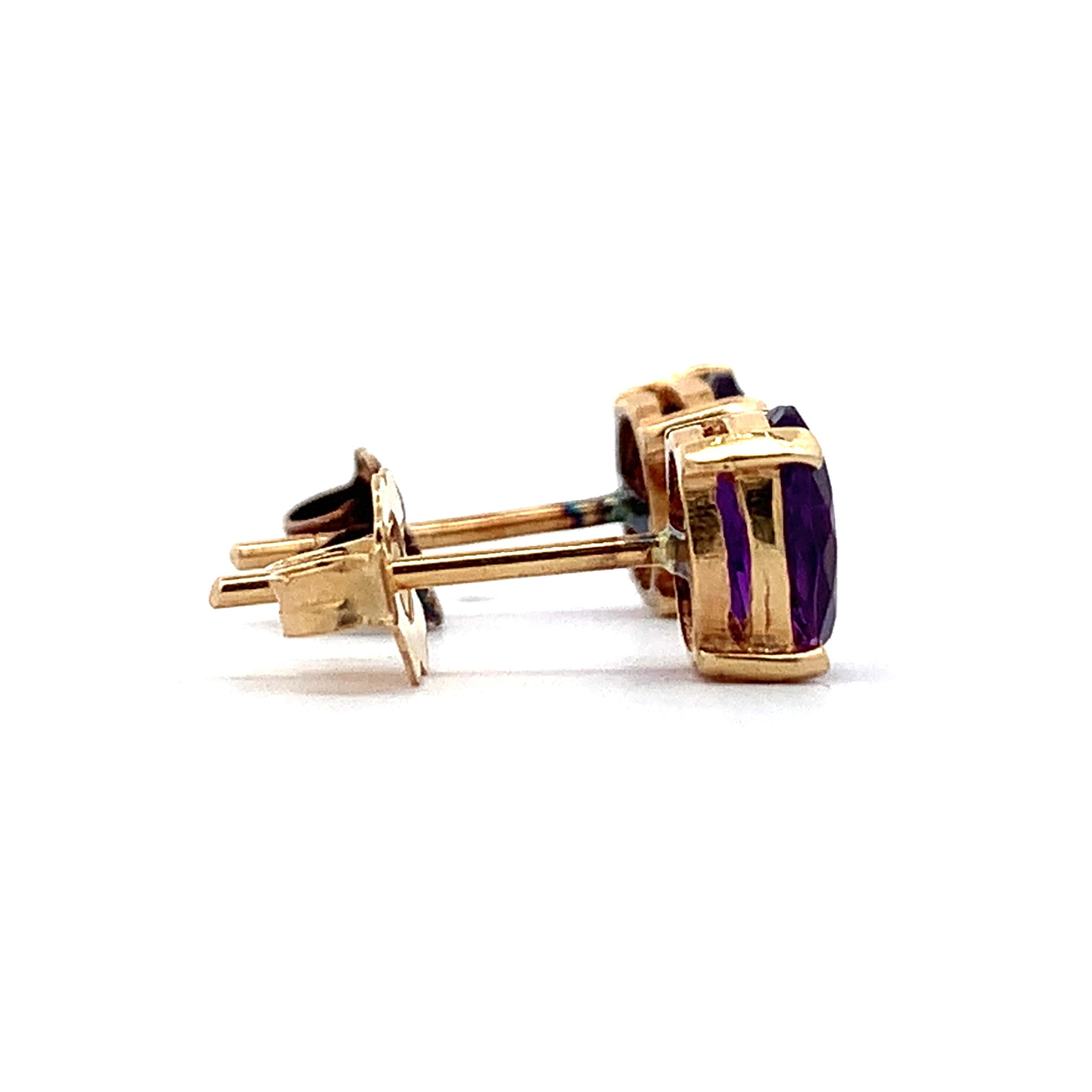 14K Yellow Gold Four-Prongs Oval Cut Amethyst Solitaire Dainty Stud Earrings