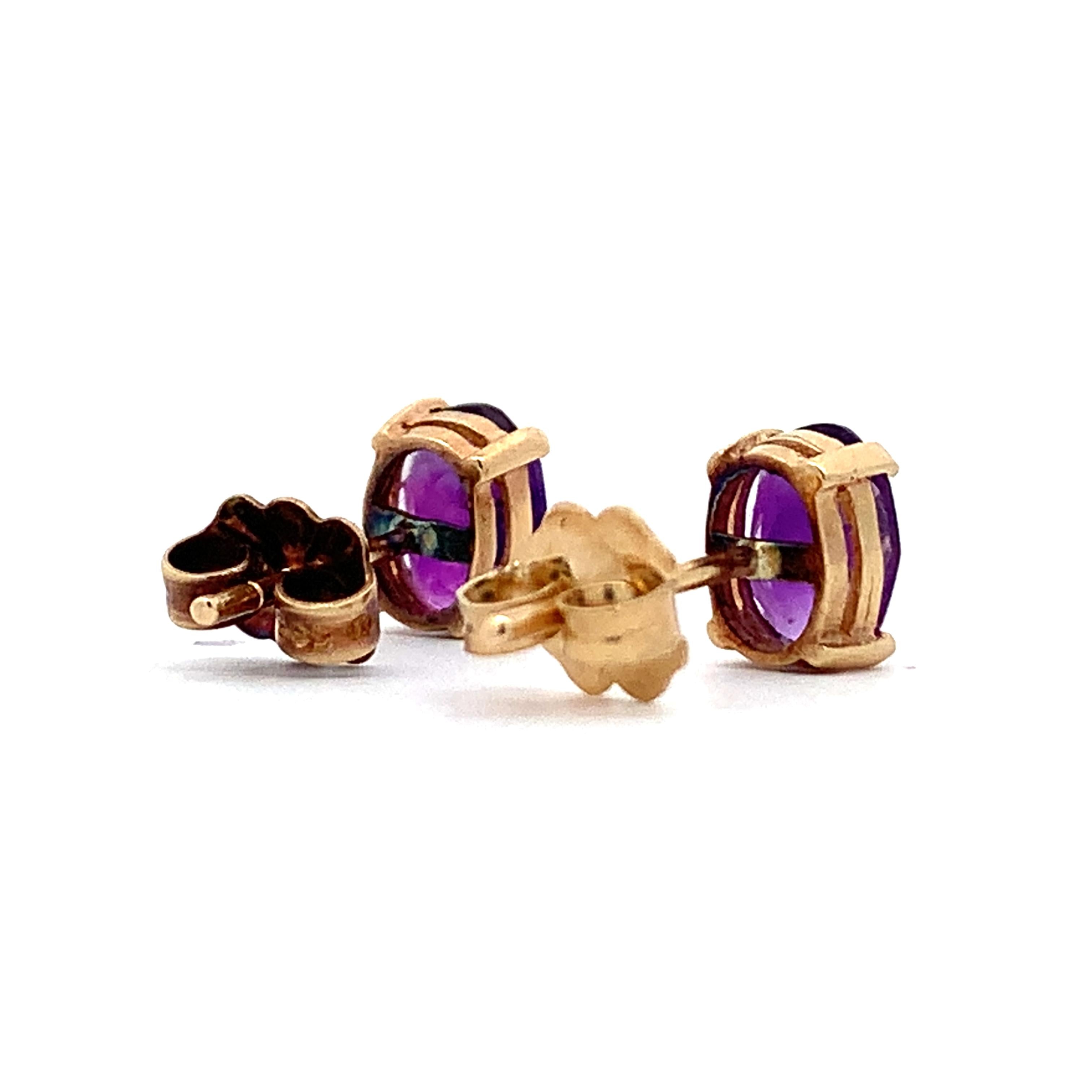 14K Yellow Gold Four-Prongs Oval Cut Amethyst Solitaire Dainty Stud Earrings