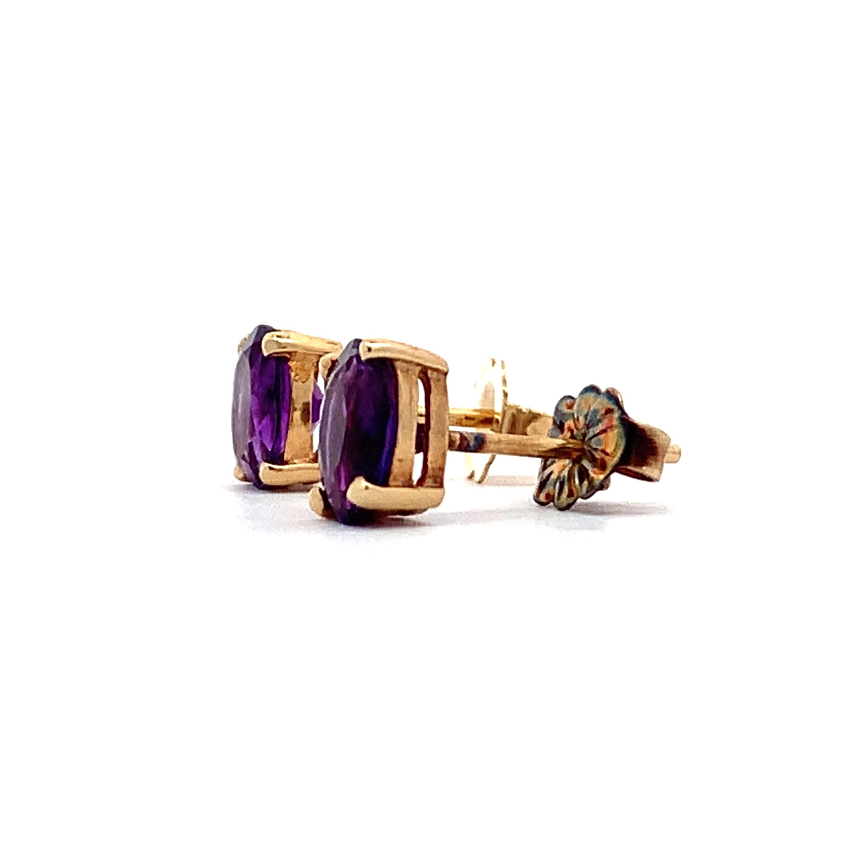 14K Yellow Gold Four-Prongs Oval Cut Amethyst Solitaire Dainty Stud Earrings