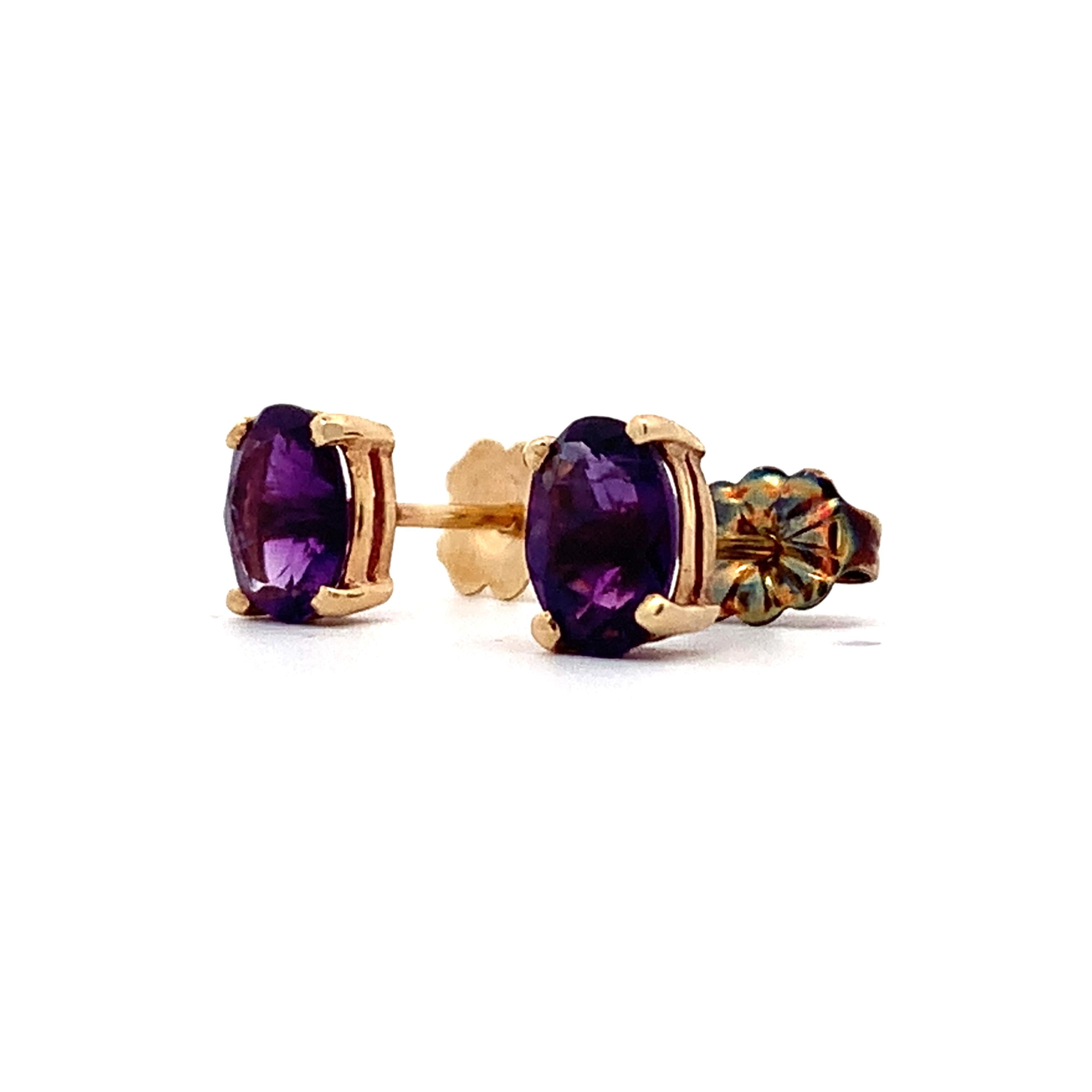 14K Yellow Gold Four-Prongs Oval Cut Amethyst Solitaire Dainty Stud Earrings