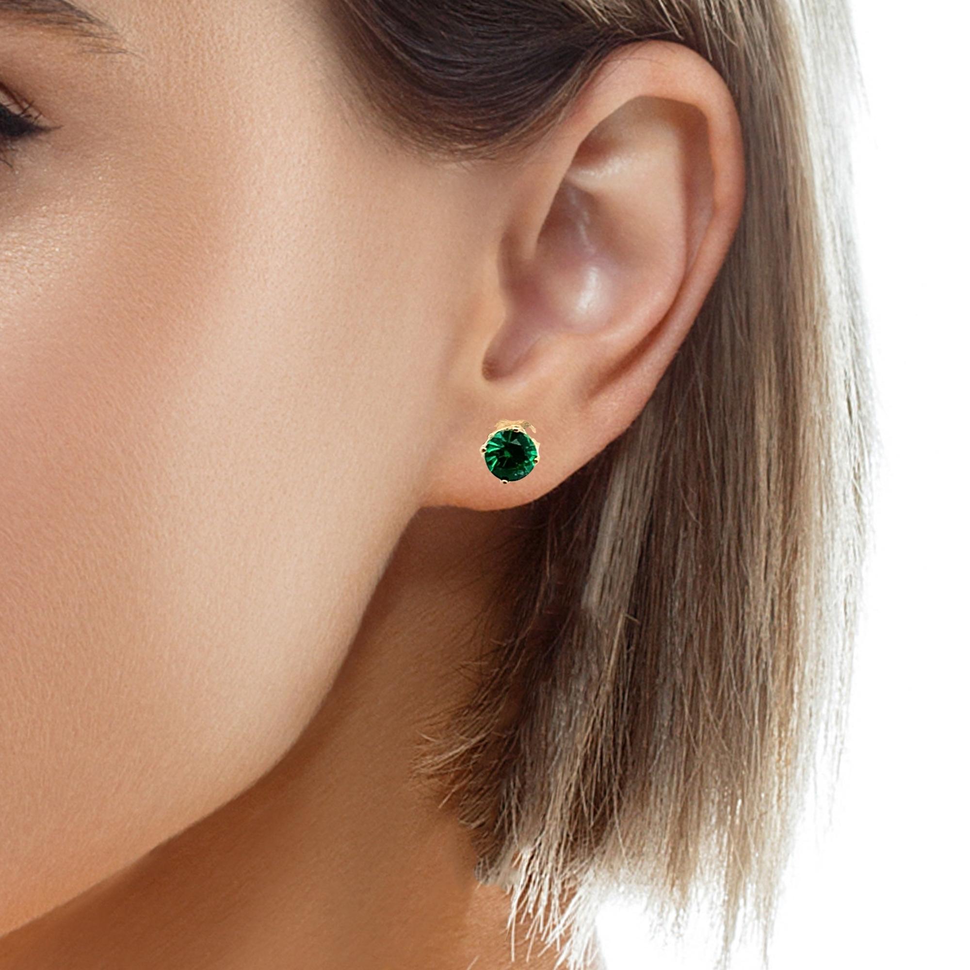 14K Yellow Gold Claw-Prongs Green Glass Doublet Solitaire Dainty Stud Earrings