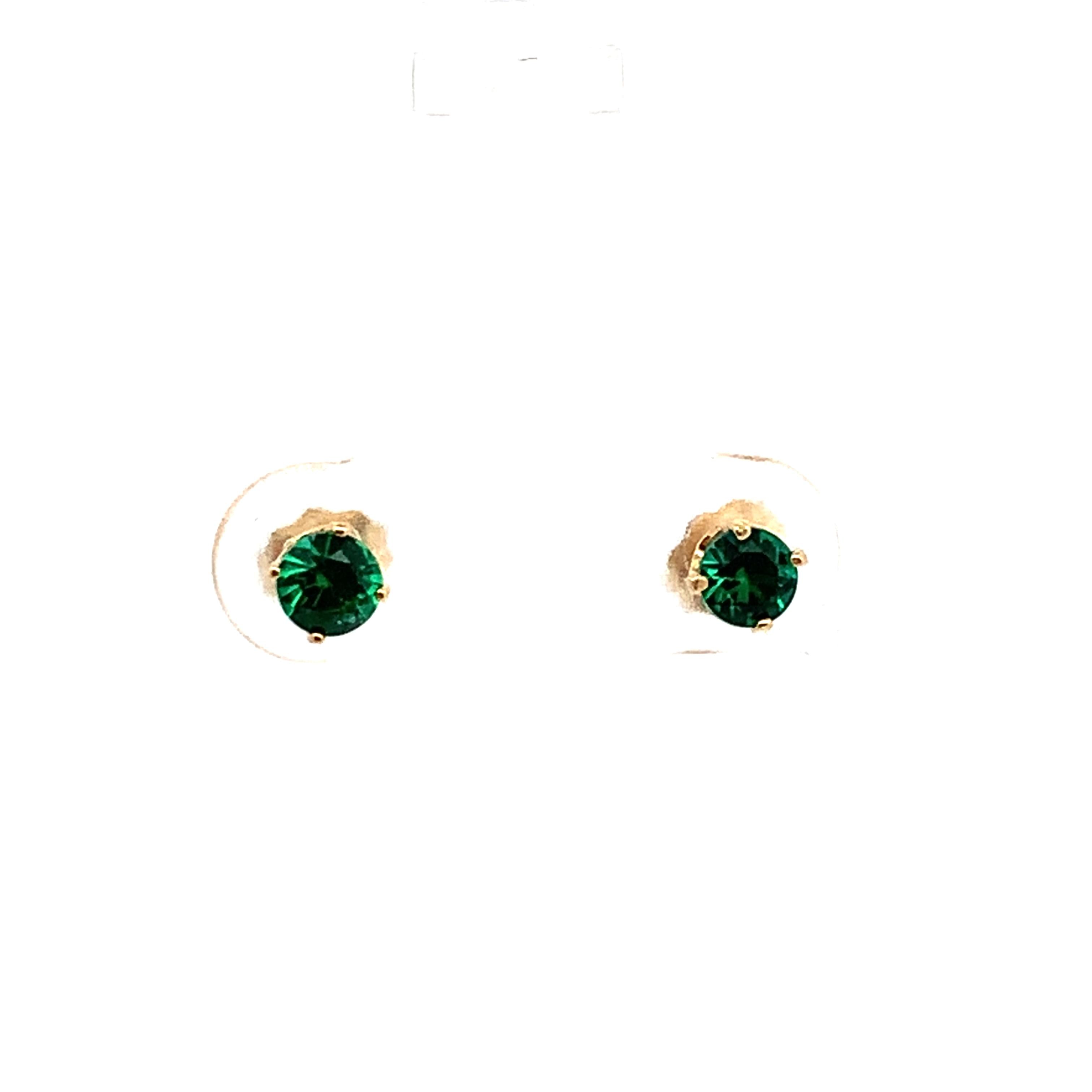 14K Yellow Gold Claw-Prongs Green Glass Doublet Solitaire Dainty Stud Earrings