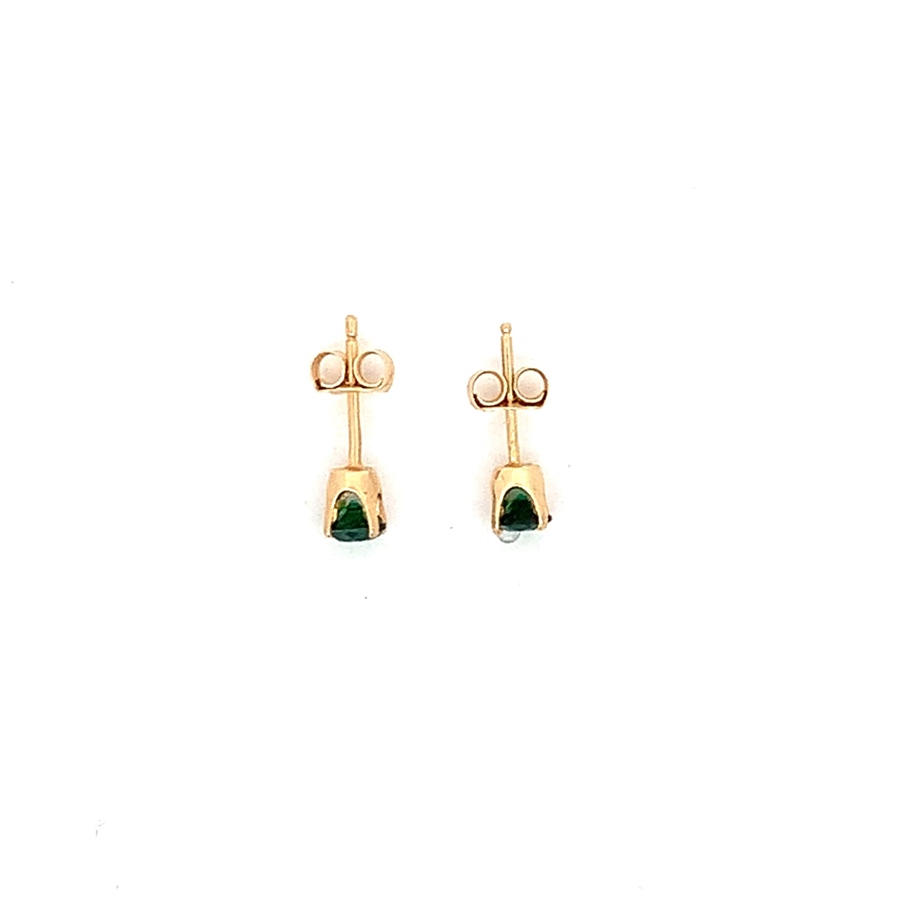 14K Yellow Gold Claw-Prongs Green Glass Doublet Solitaire Dainty Stud Earrings