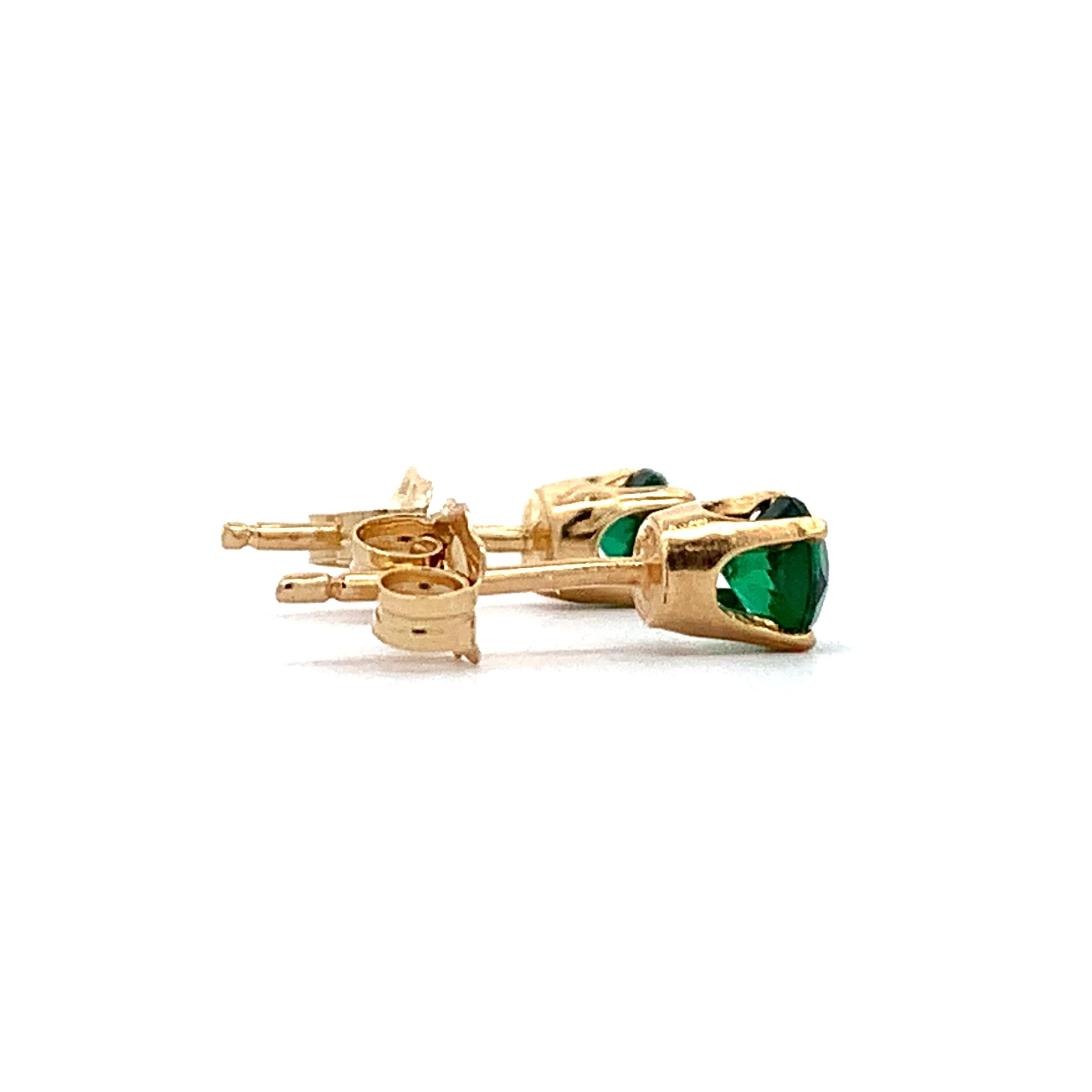 14K Yellow Gold Claw-Prongs Green Glass Doublet Solitaire Dainty Stud Earrings