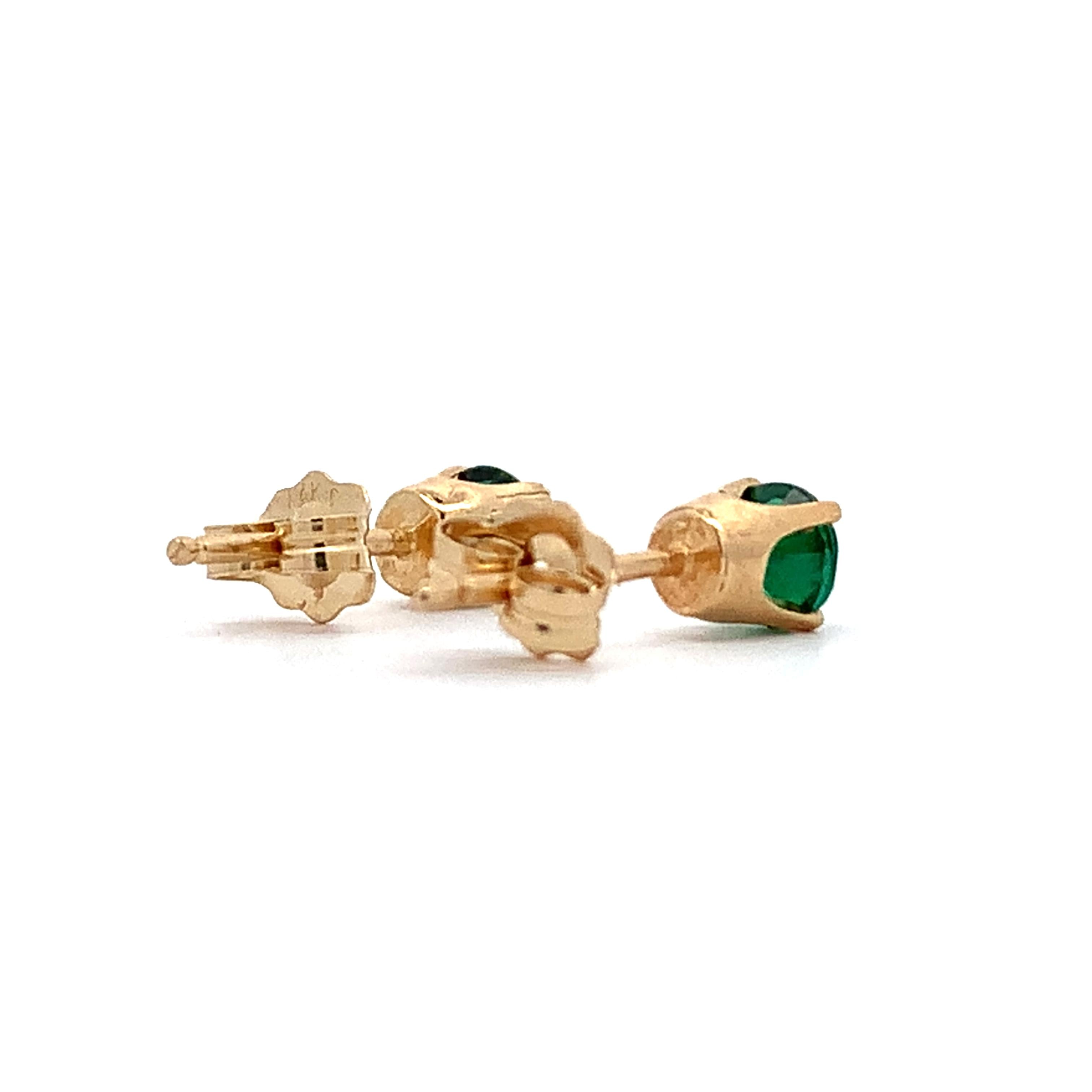 14K Yellow Gold Claw-Prongs Green Glass Doublet Solitaire Dainty Stud Earrings