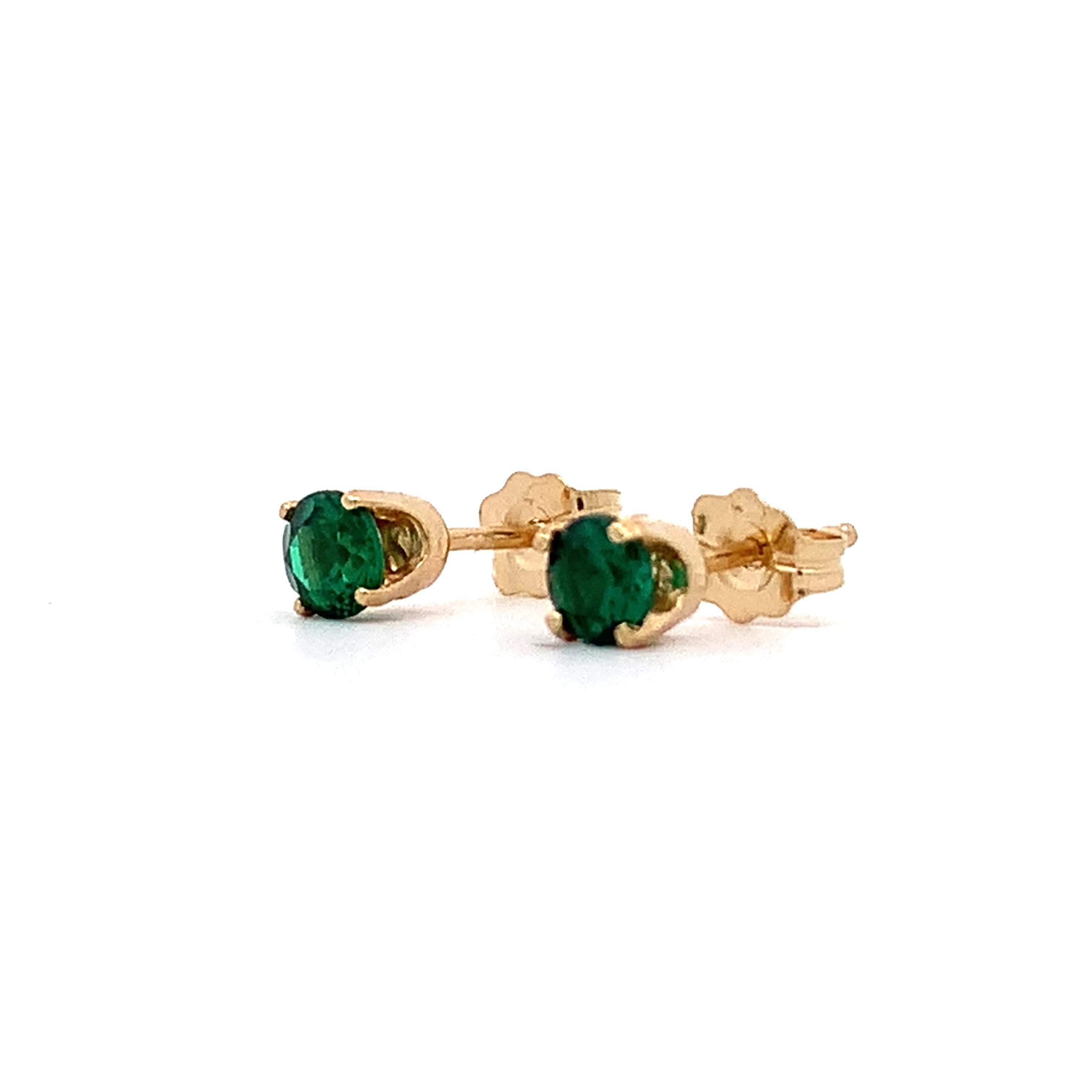 14K Yellow Gold Claw-Prongs Green Glass Doublet Solitaire Dainty Stud Earrings