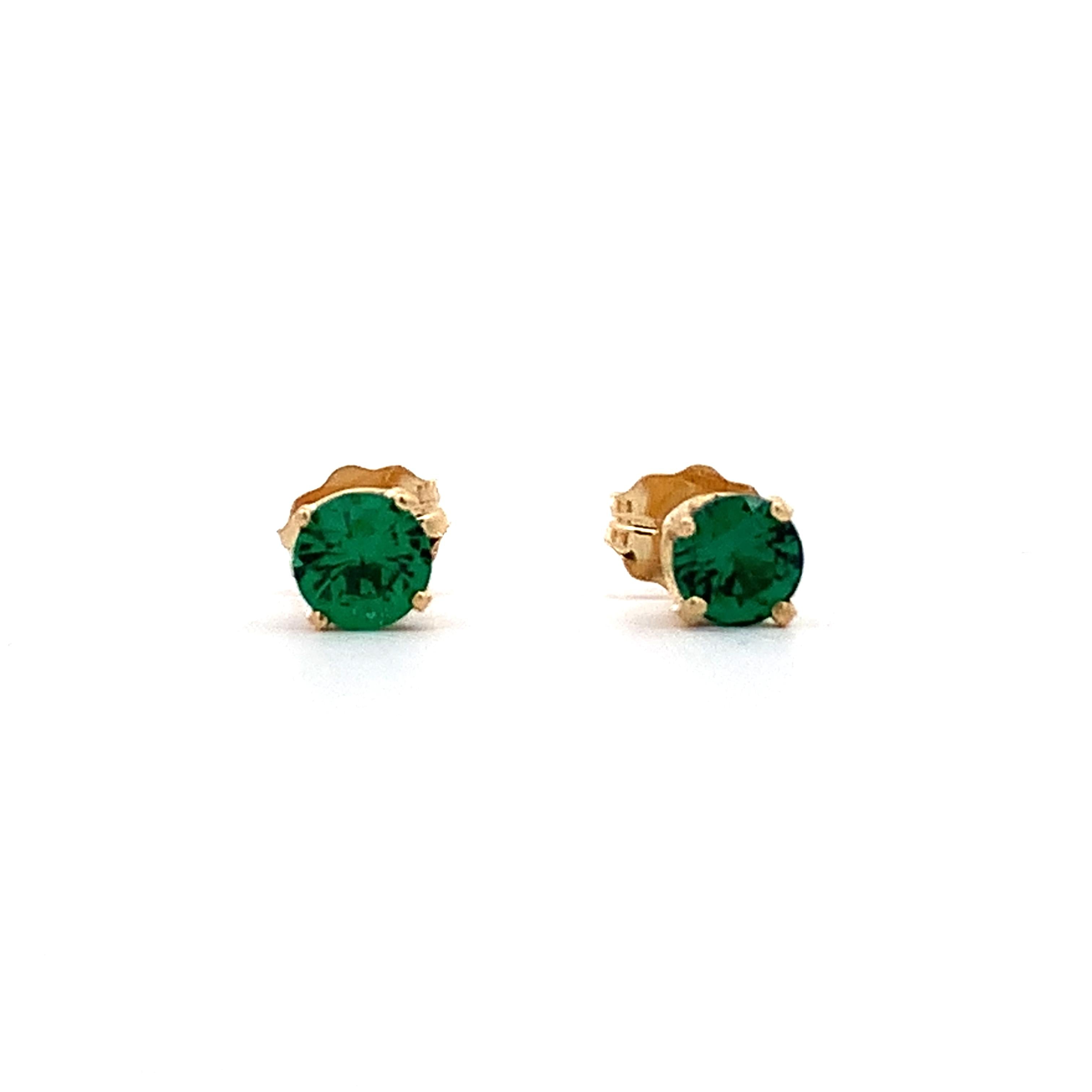 14K Yellow Gold Claw-Prongs Green Glass Doublet Solitaire Dainty Stud Earrings