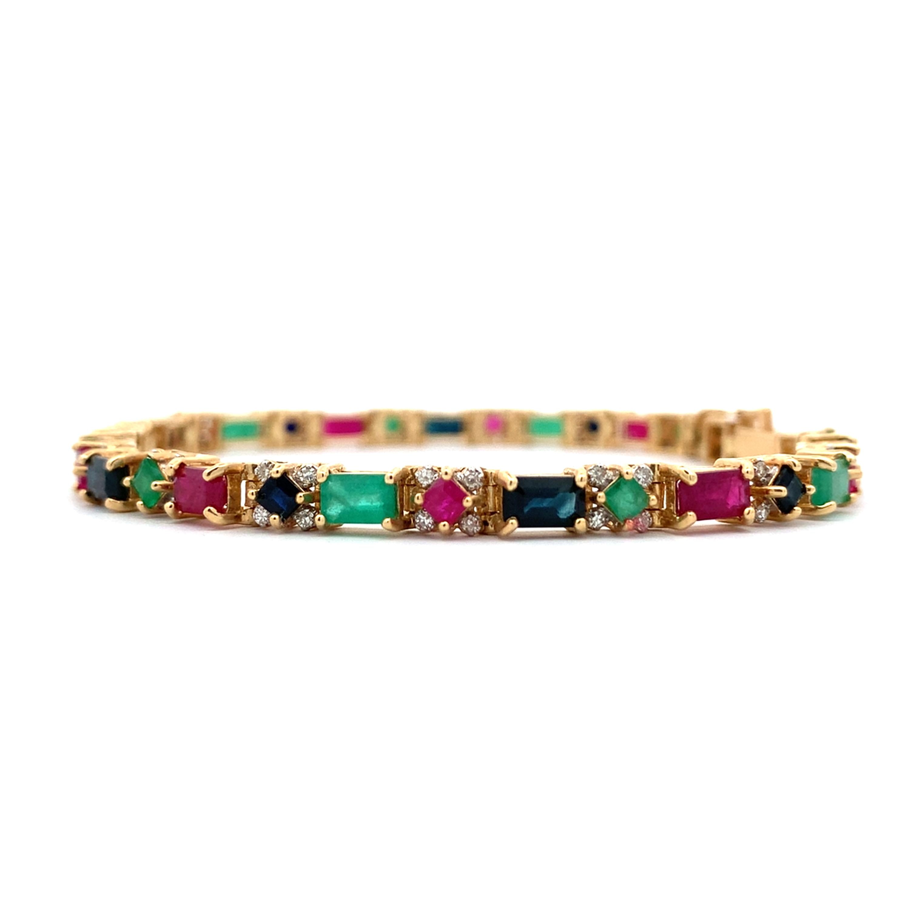 14K Gold Multi Cut Sapphire Emerald & Ruby With Diamond Tennis Bracelet
