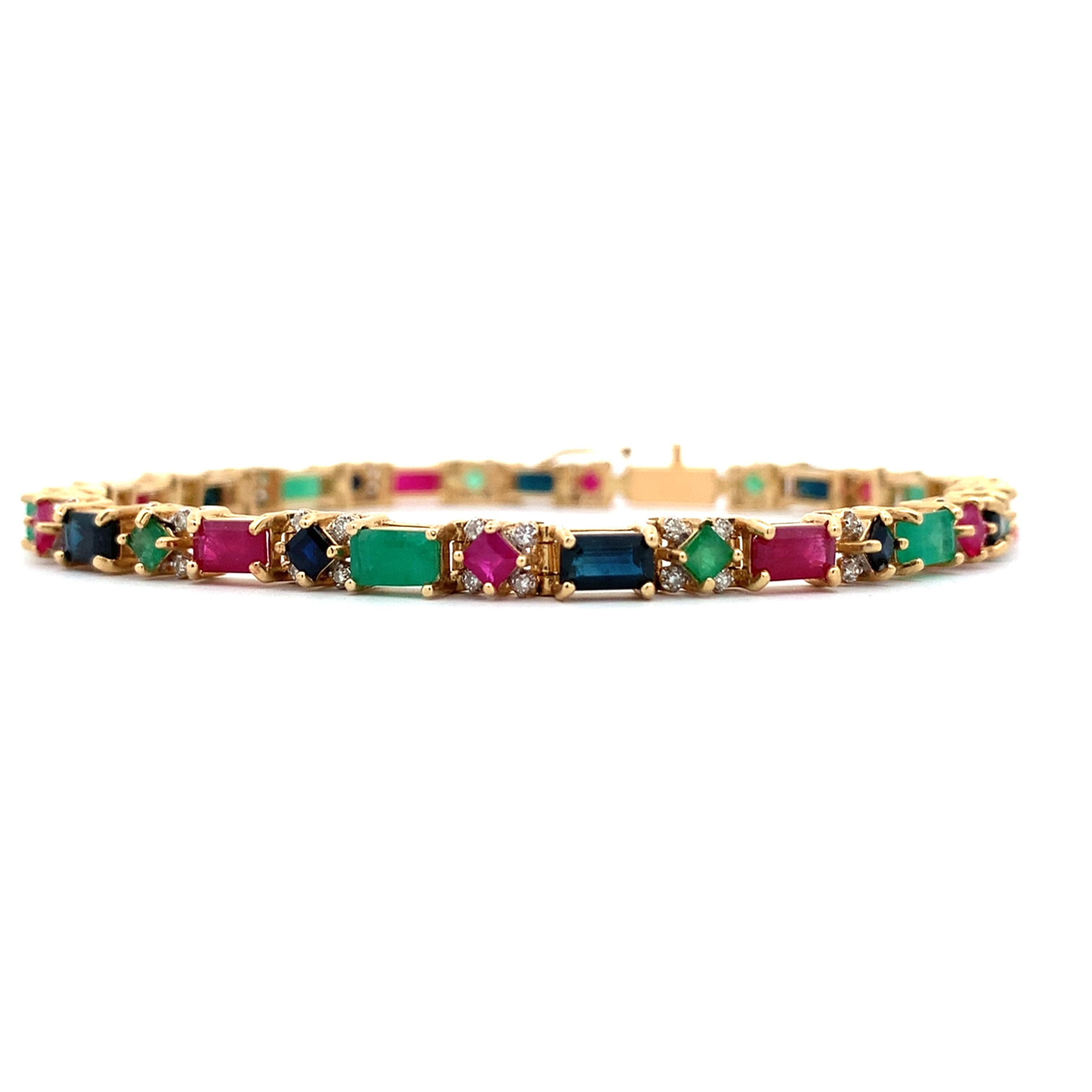 14K Gold Multi Cut Sapphire Emerald & Ruby With Diamond Tennis Bracelet