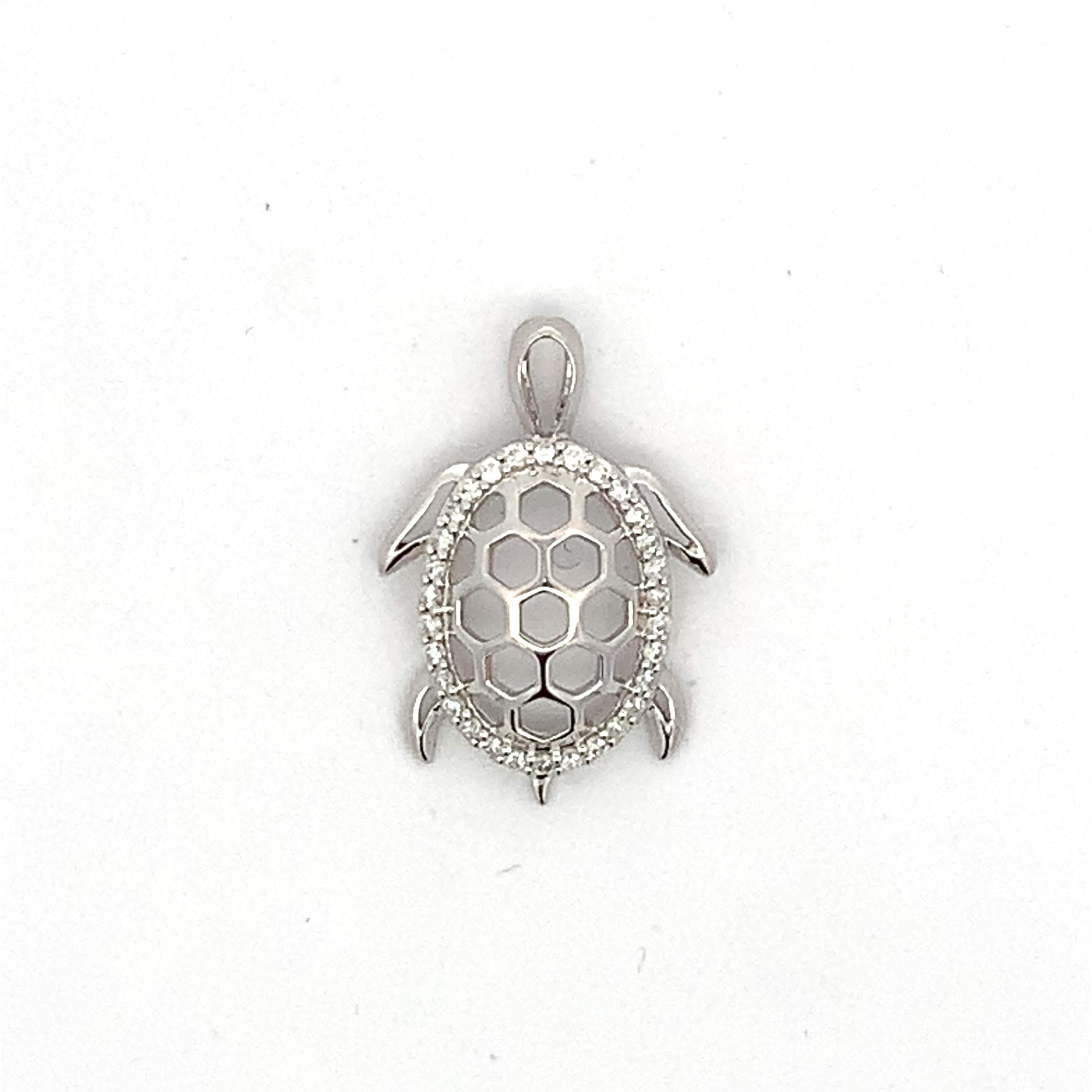 14K White Gold .22CTW Round Diamond Sea Turtle Slider Charm Pendant