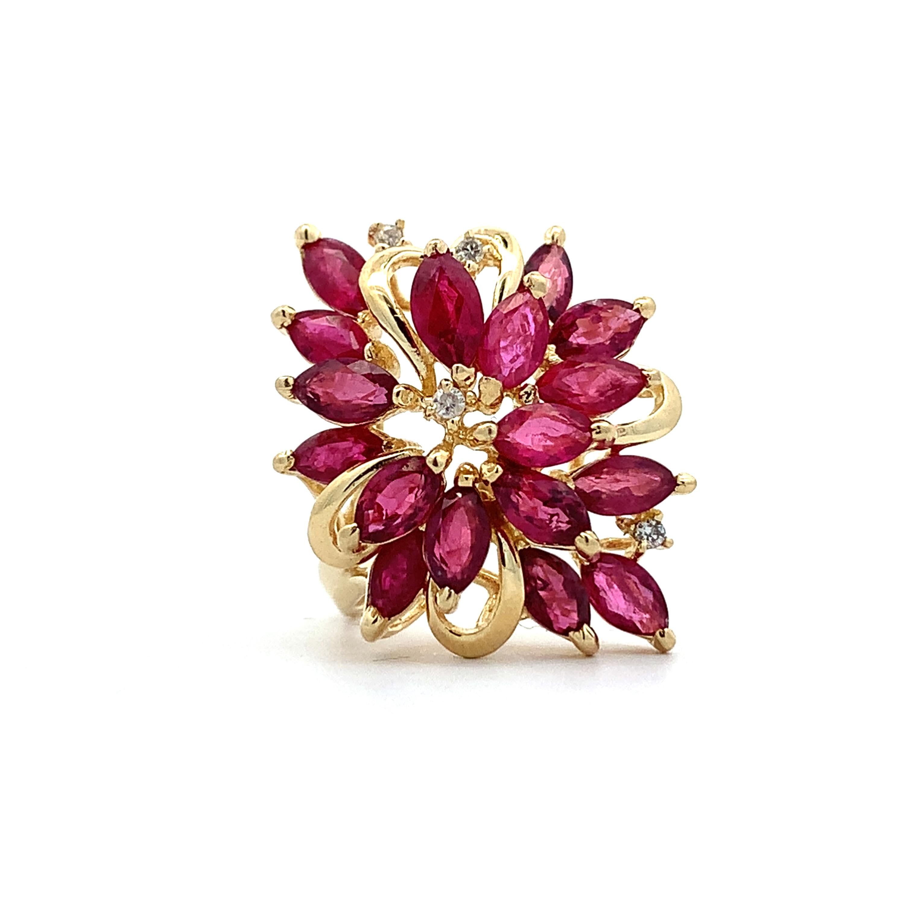 14K Yellow Gold Marquise Cut Ruby And Round Diamond Cluster Ring Size 7.25