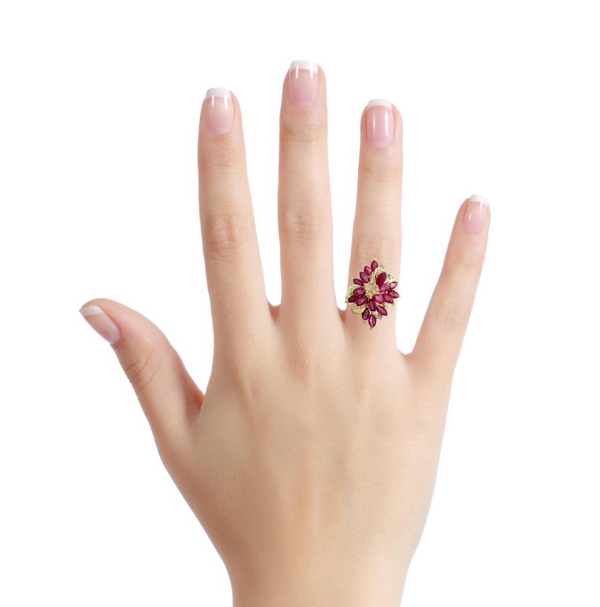 14K Yellow Gold Marquise Cut Ruby And Round Diamond Cluster Ring Size 7.25