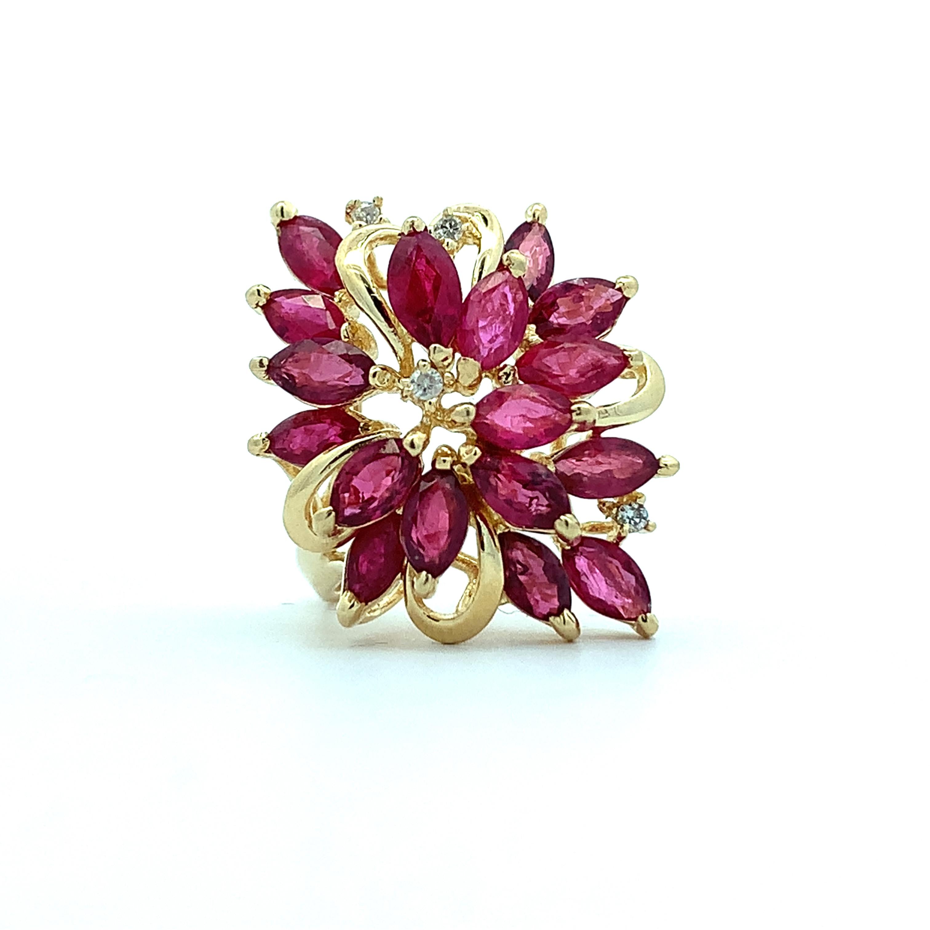 14K Yellow Gold Marquise Cut Ruby And Round Diamond Cluster Ring Size 7.25