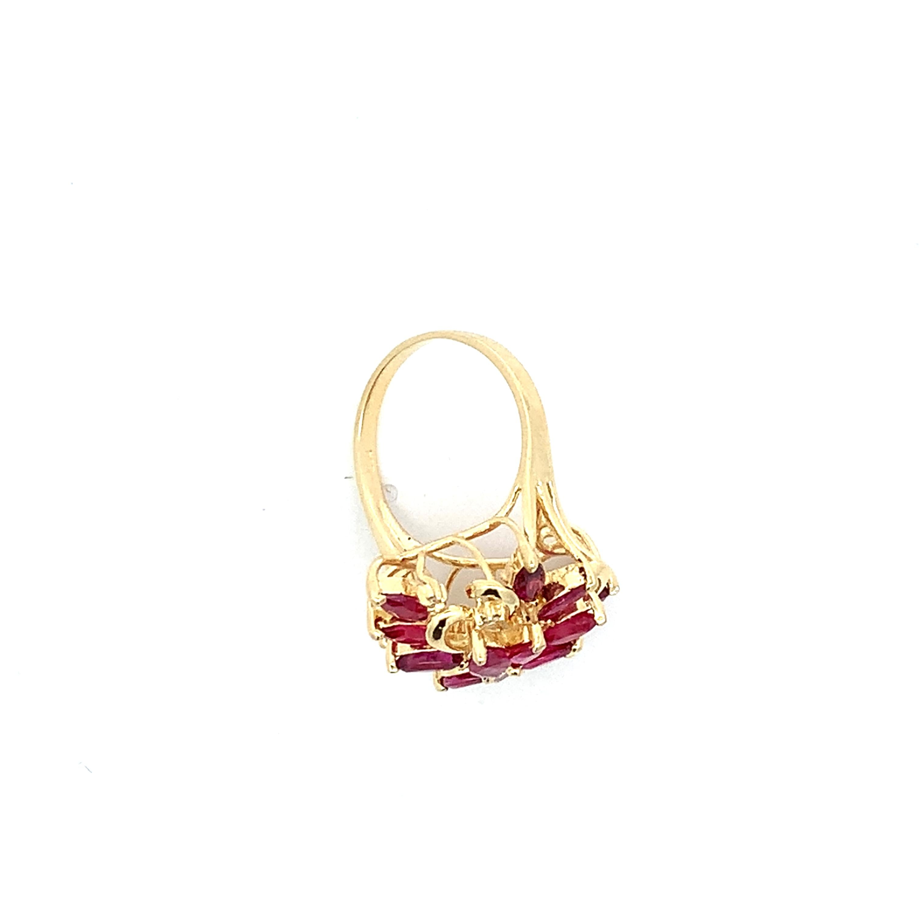 14K Yellow Gold Marquise Cut Ruby And Round Diamond Cluster Ring Size 7.25