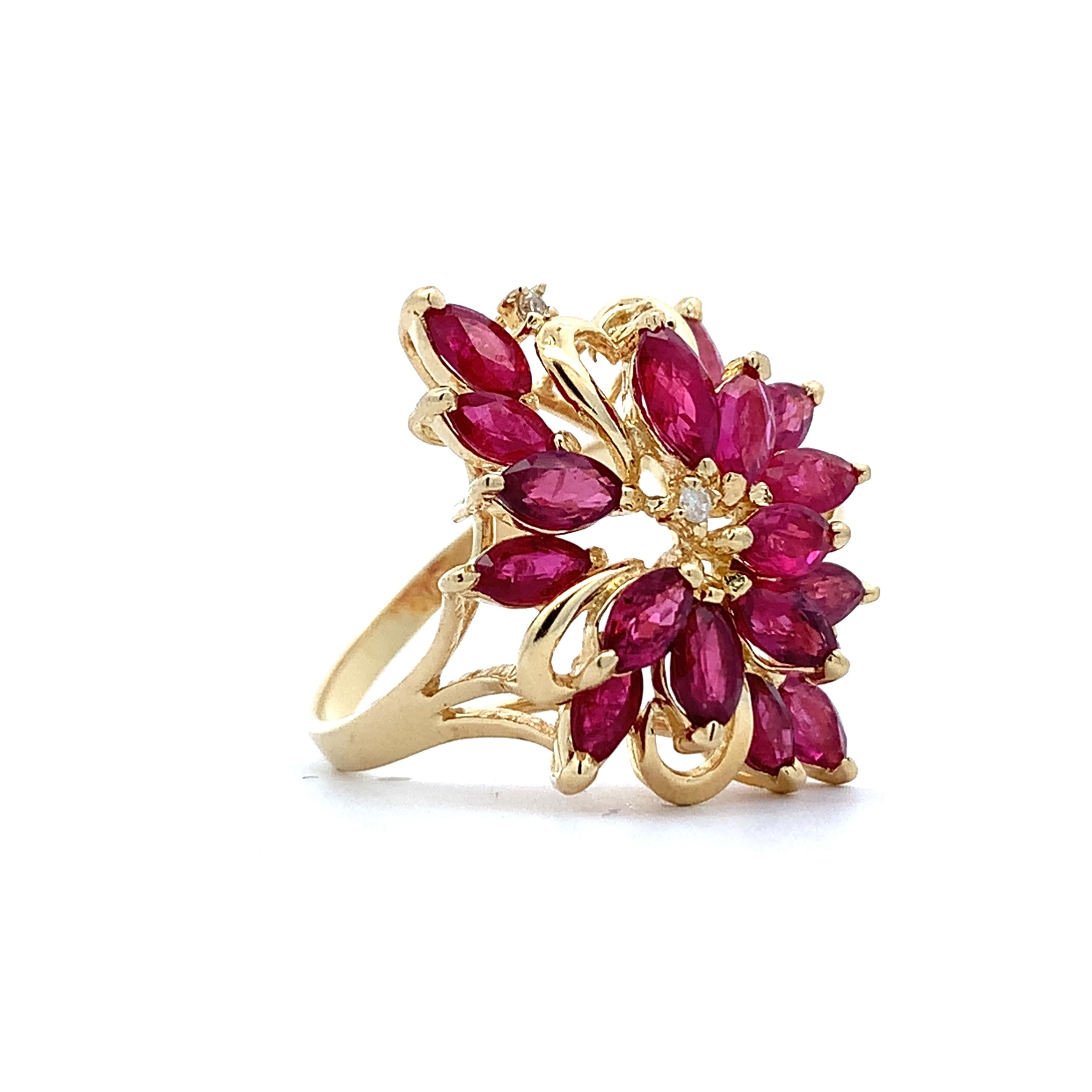14K Yellow Gold Marquise Cut Ruby And Round Diamond Cluster Ring Size 7.25