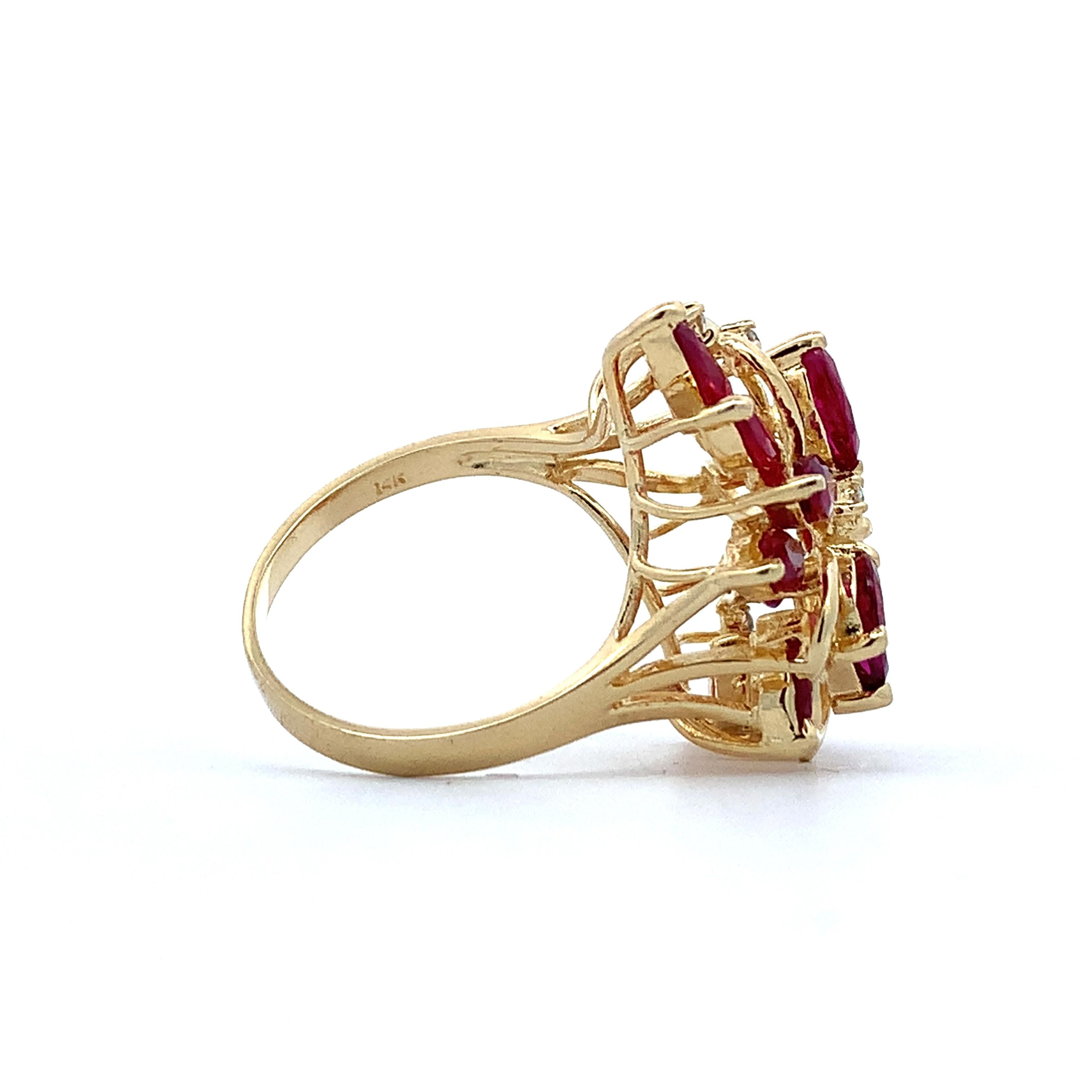 14K Yellow Gold Marquise Cut Ruby And Round Diamond Cluster Ring Size 7.25