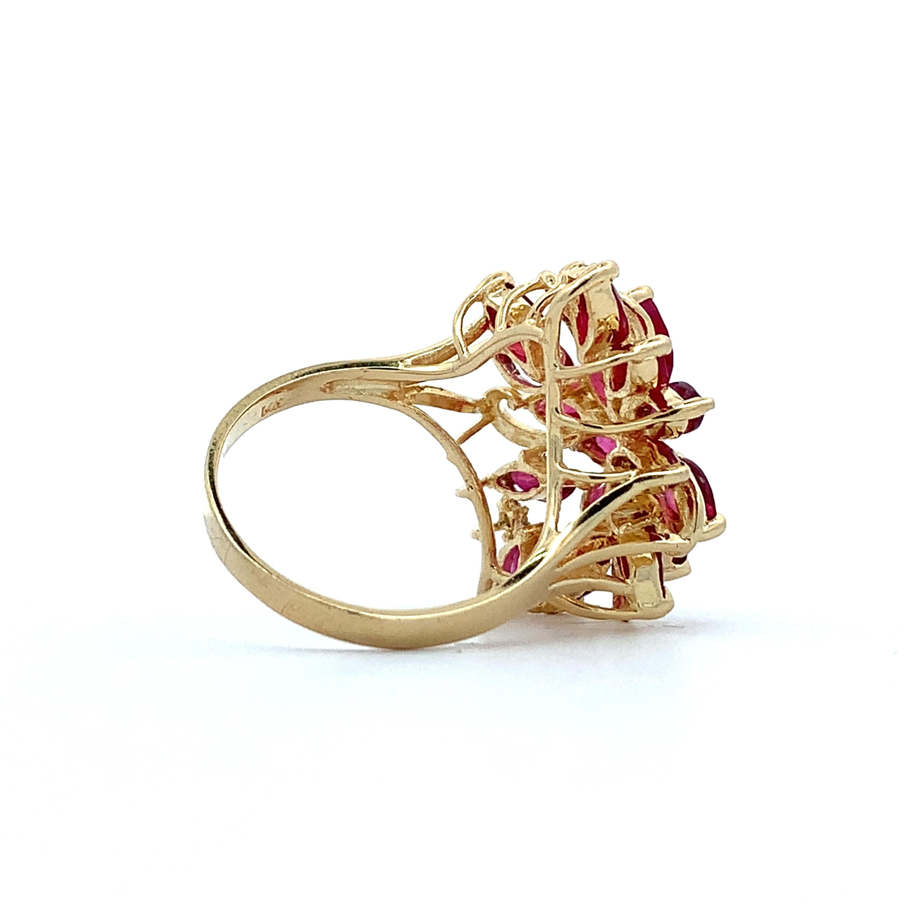 14K Yellow Gold Marquise Cut Ruby And Round Diamond Cluster Ring Size 7.25
