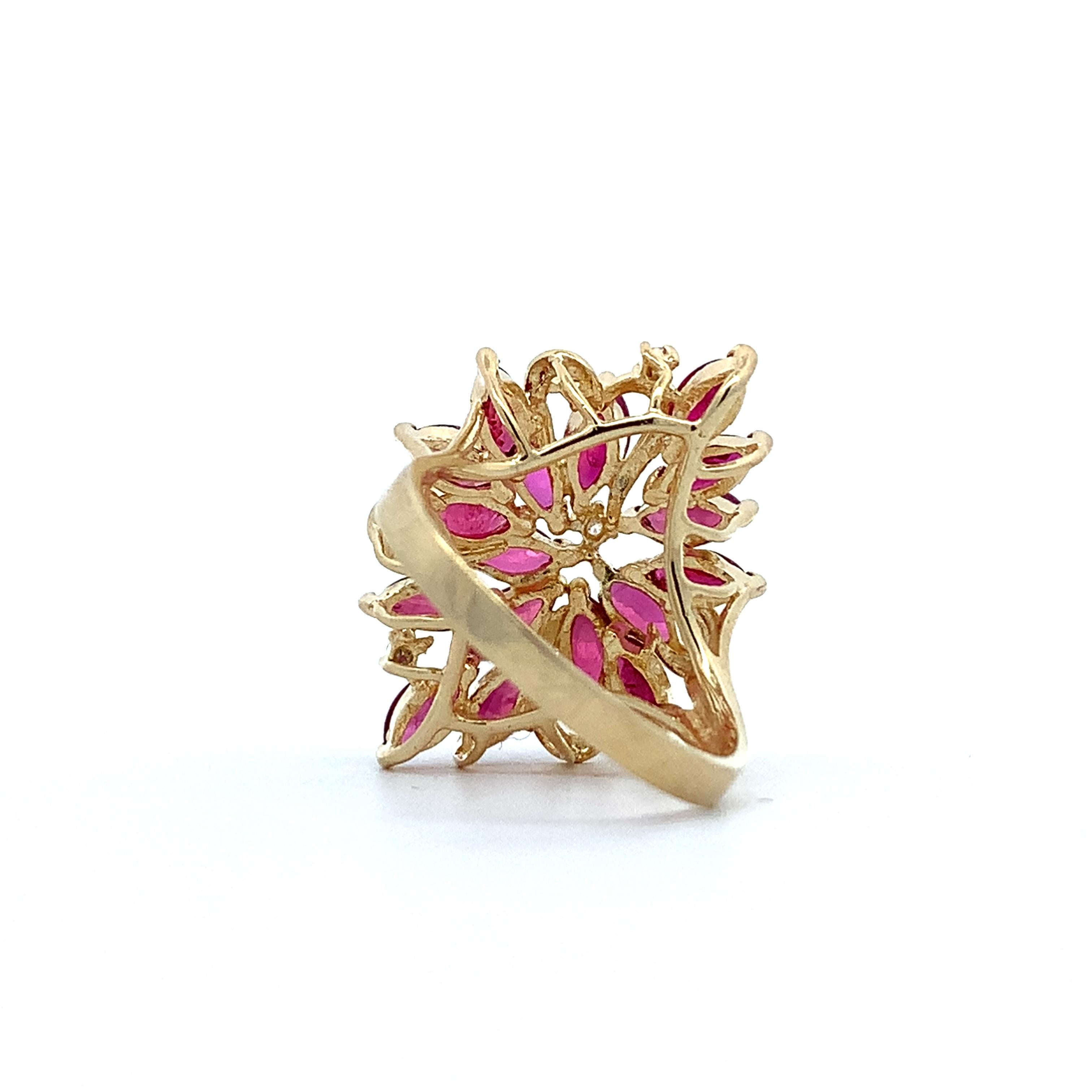 14K Yellow Gold Marquise Cut Ruby And Round Diamond Cluster Ring Size 7.25