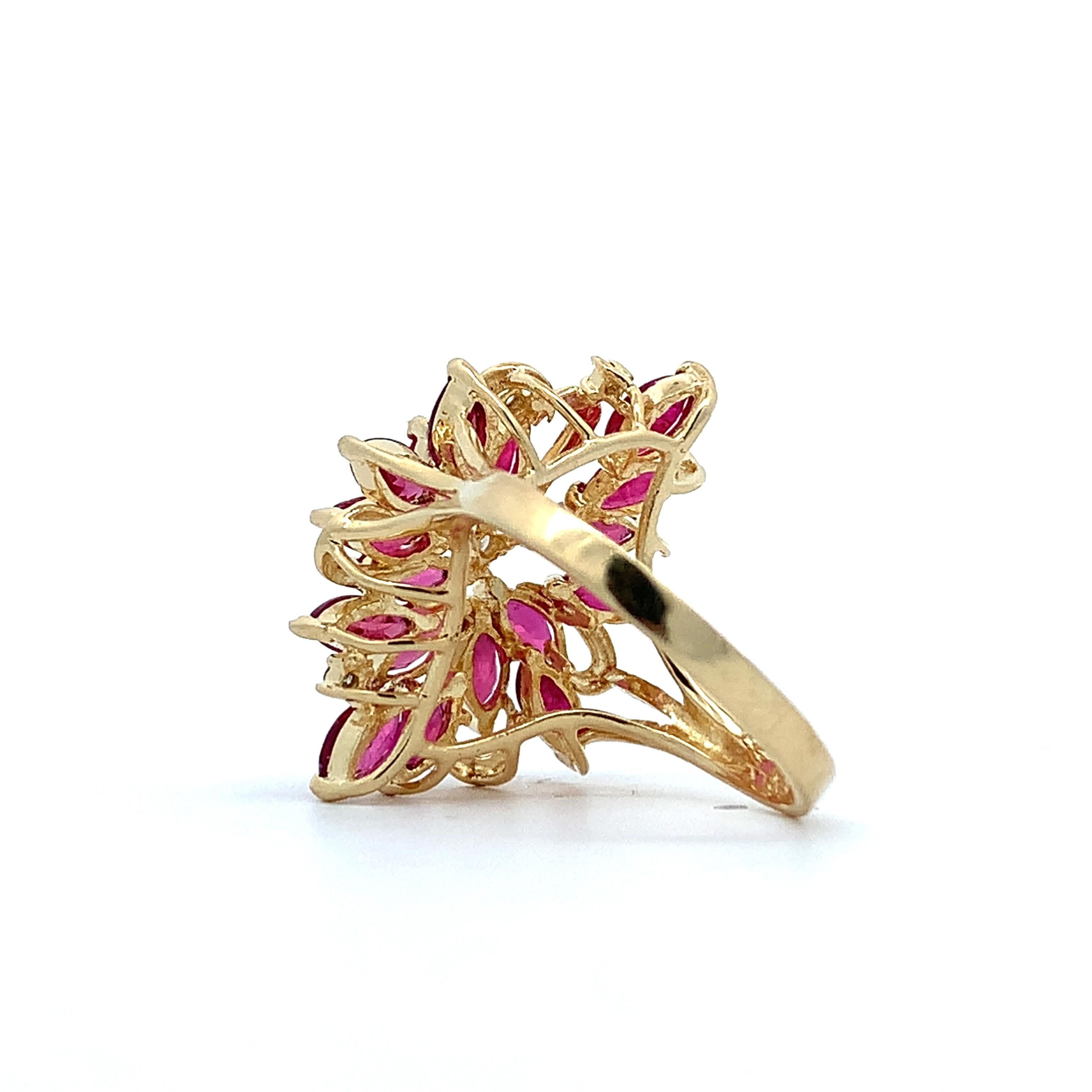 14K Yellow Gold Marquise Cut Ruby And Round Diamond Cluster Ring Size 7.25