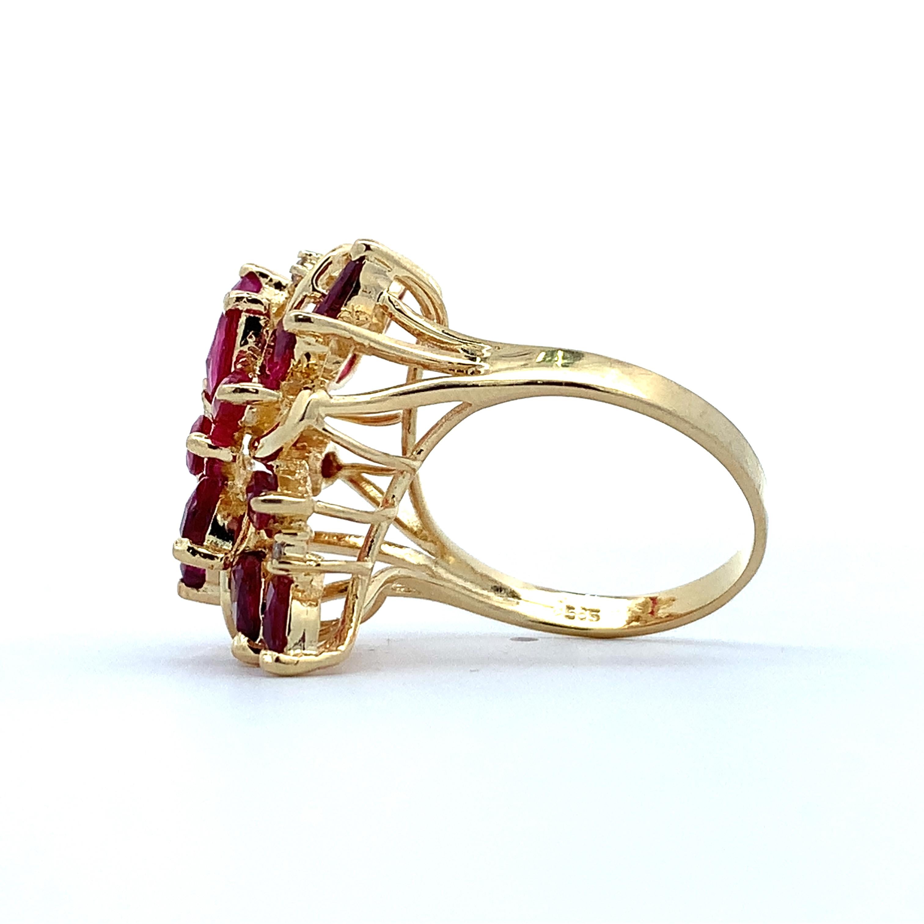 14K Yellow Gold Marquise Cut Ruby And Round Diamond Cluster Ring Size 7.25