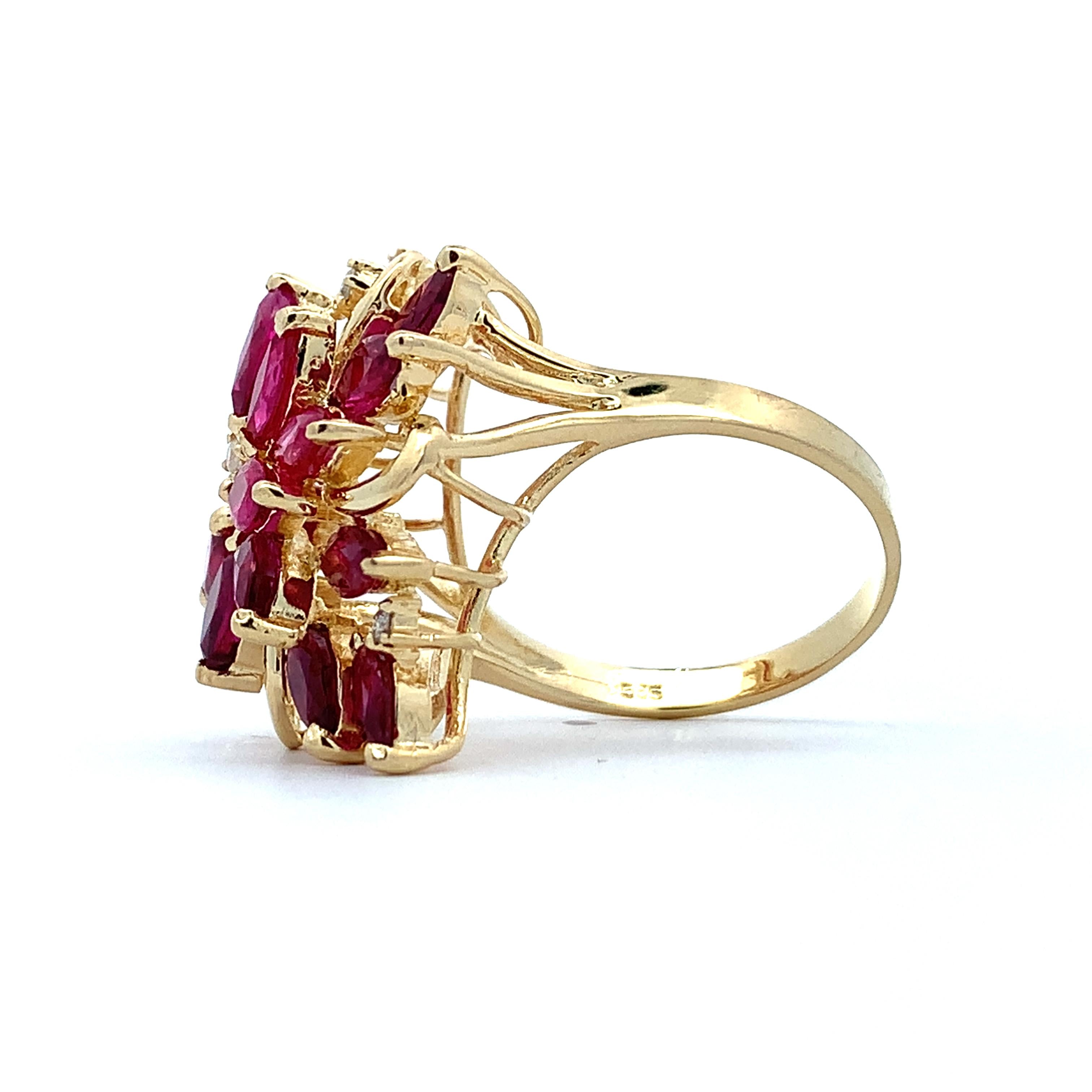 14K Yellow Gold Marquise Cut Ruby And Round Diamond Cluster Ring Size 7.25