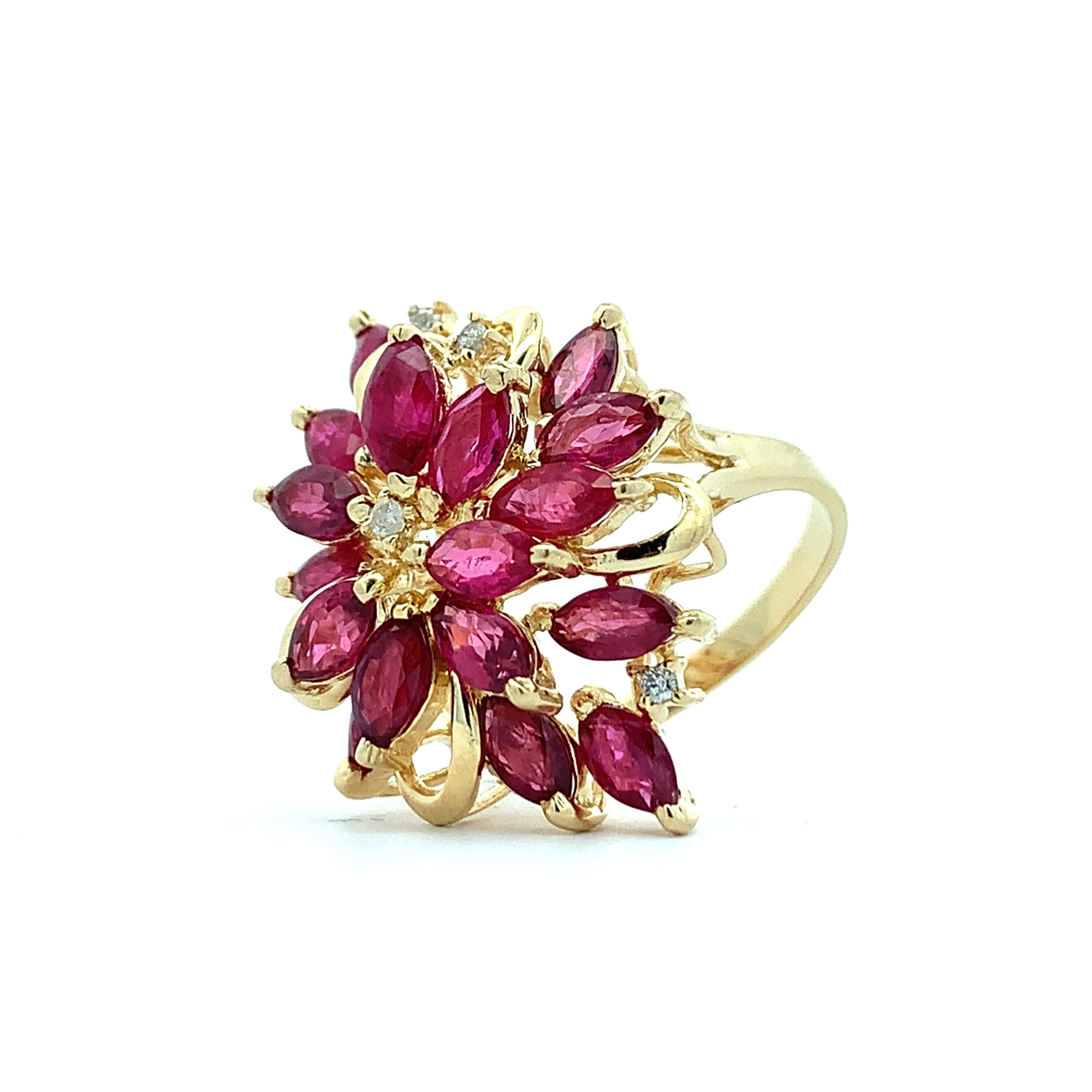 14K Yellow Gold Marquise Cut Ruby And Round Diamond Cluster Ring Size 7.25