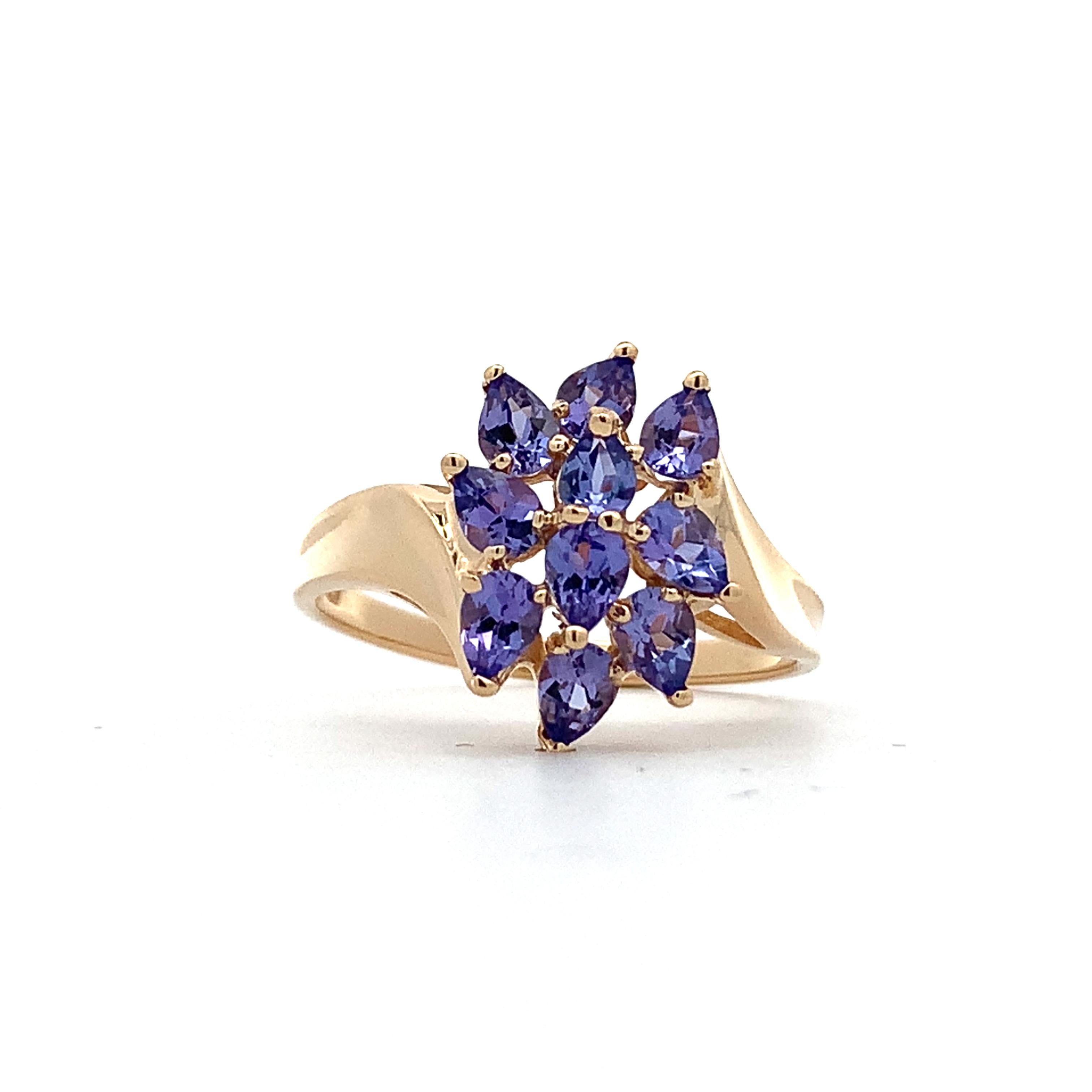 14K Yellow Gold Pear Cut Purple Tanzanite Bypass Shanks Cluster Ring Size 8.75
