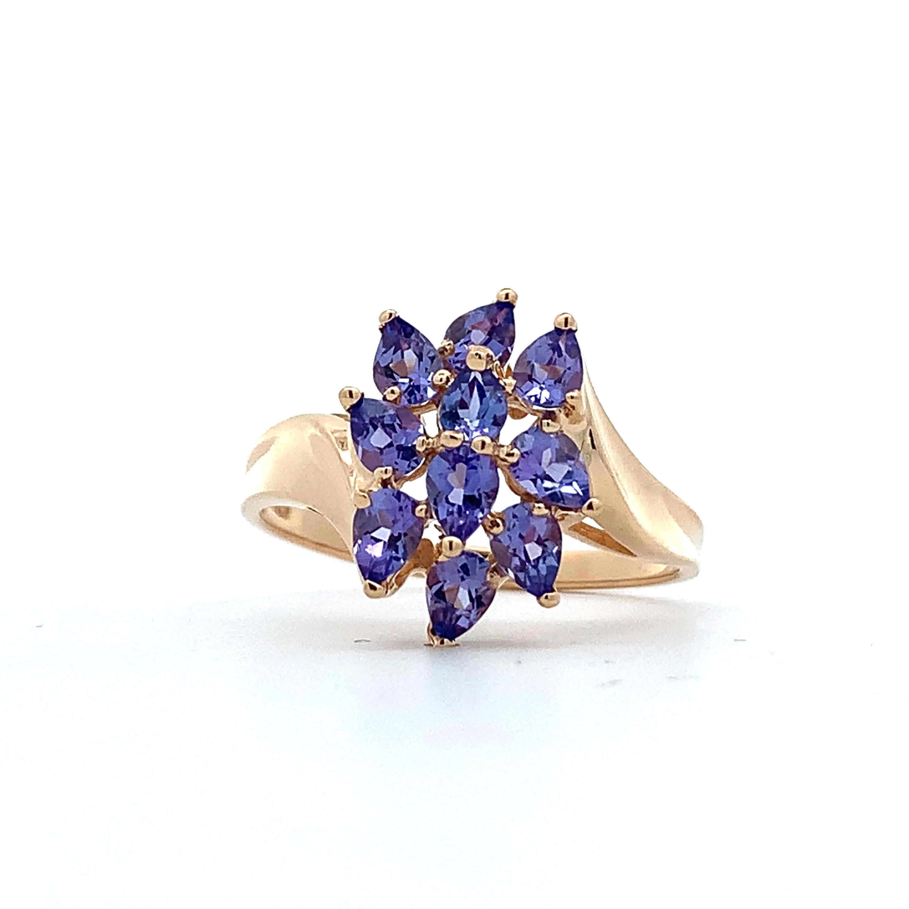 14K Yellow Gold Pear Cut Purple Tanzanite Bypass Shanks Cluster Ring Size 8.75