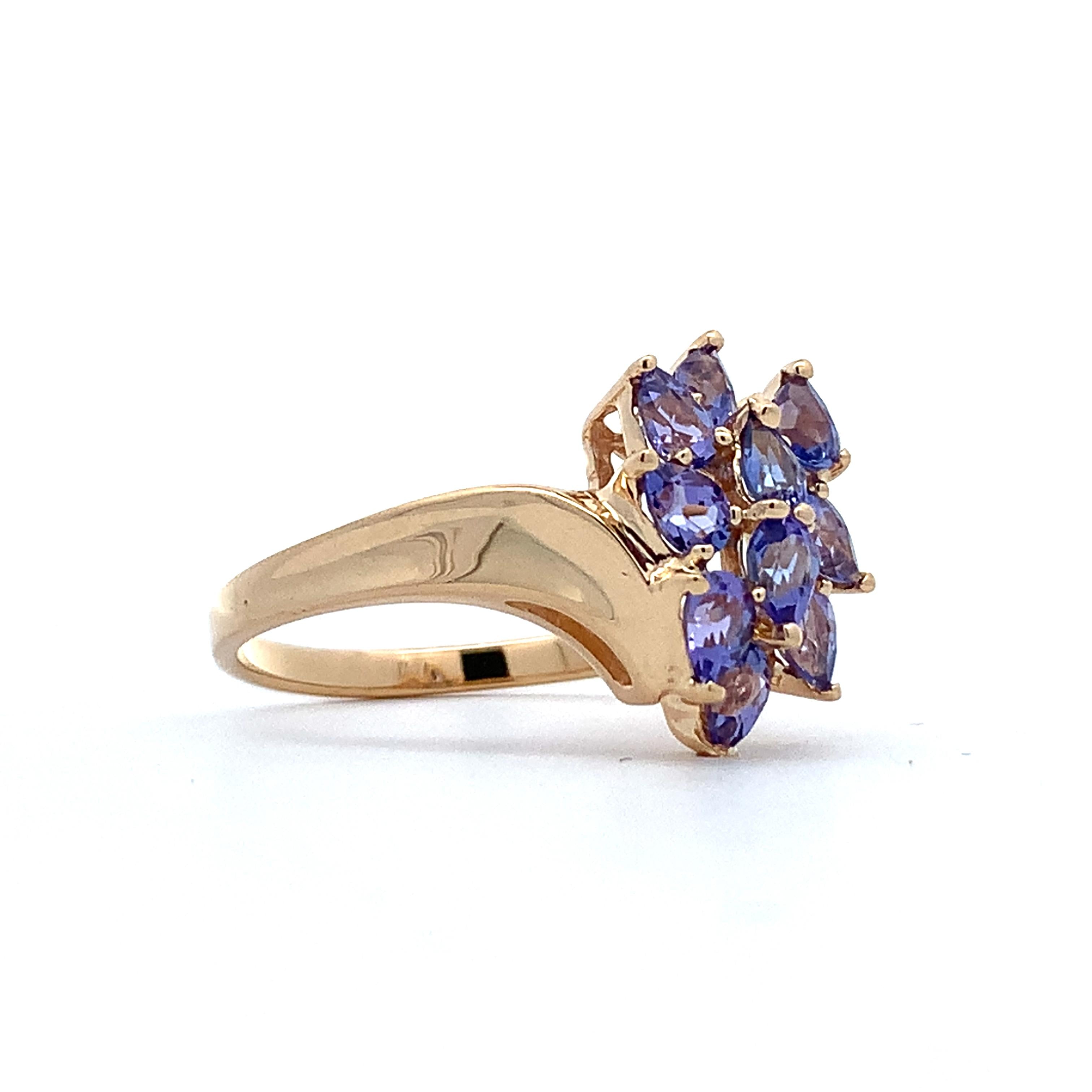 14K Yellow Gold Pear Cut Purple Tanzanite Bypass Shanks Cluster Ring Size 8.75