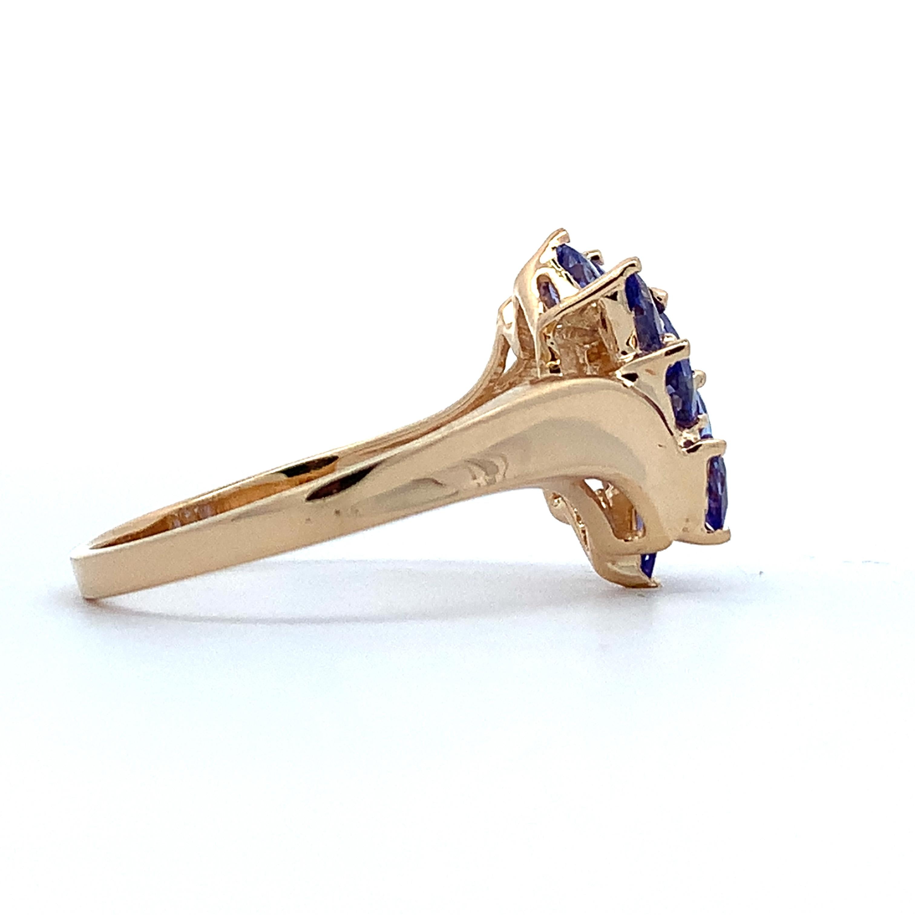 14K Yellow Gold Pear Cut Purple Tanzanite Bypass Shanks Cluster Ring Size 8.75