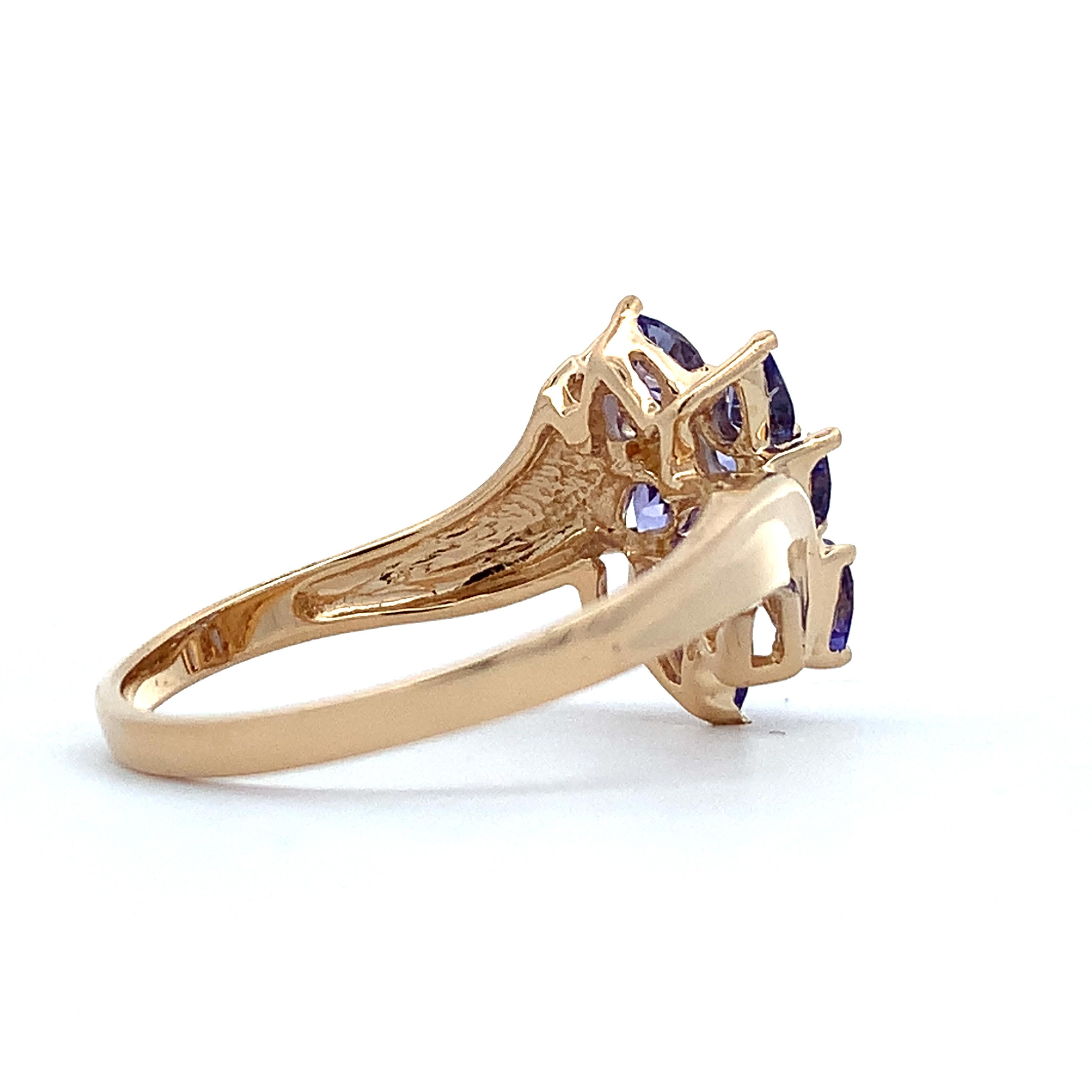 14K Yellow Gold Pear Cut Purple Tanzanite Bypass Shanks Cluster Ring Size 8.75