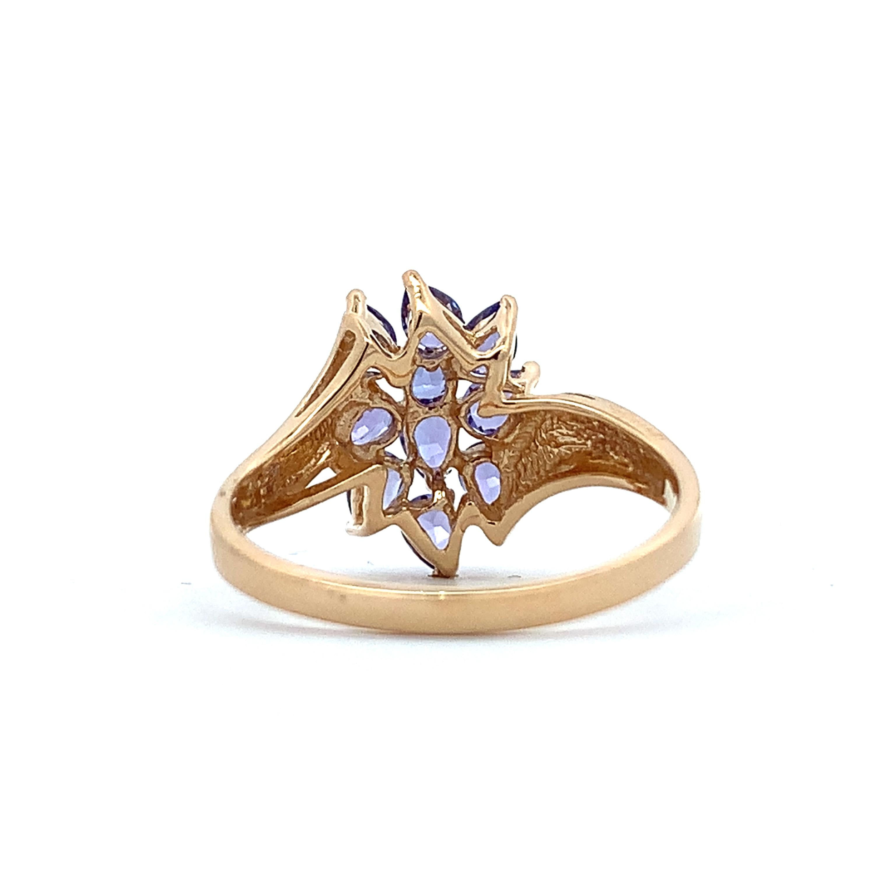 14K Yellow Gold Pear Cut Purple Tanzanite Bypass Shanks Cluster Ring Size 8.75