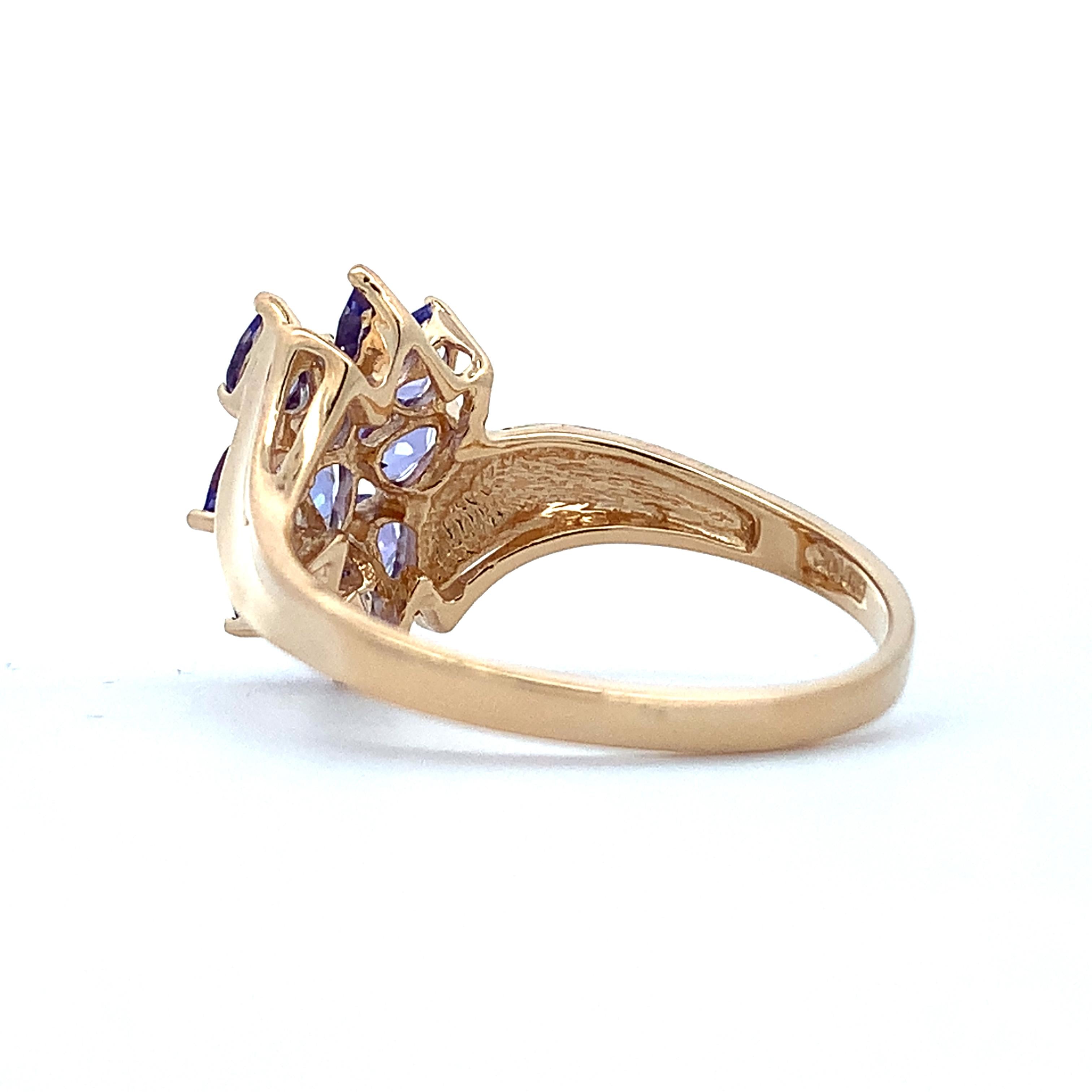 14K Yellow Gold Pear Cut Purple Tanzanite Bypass Shanks Cluster Ring Size 8.75