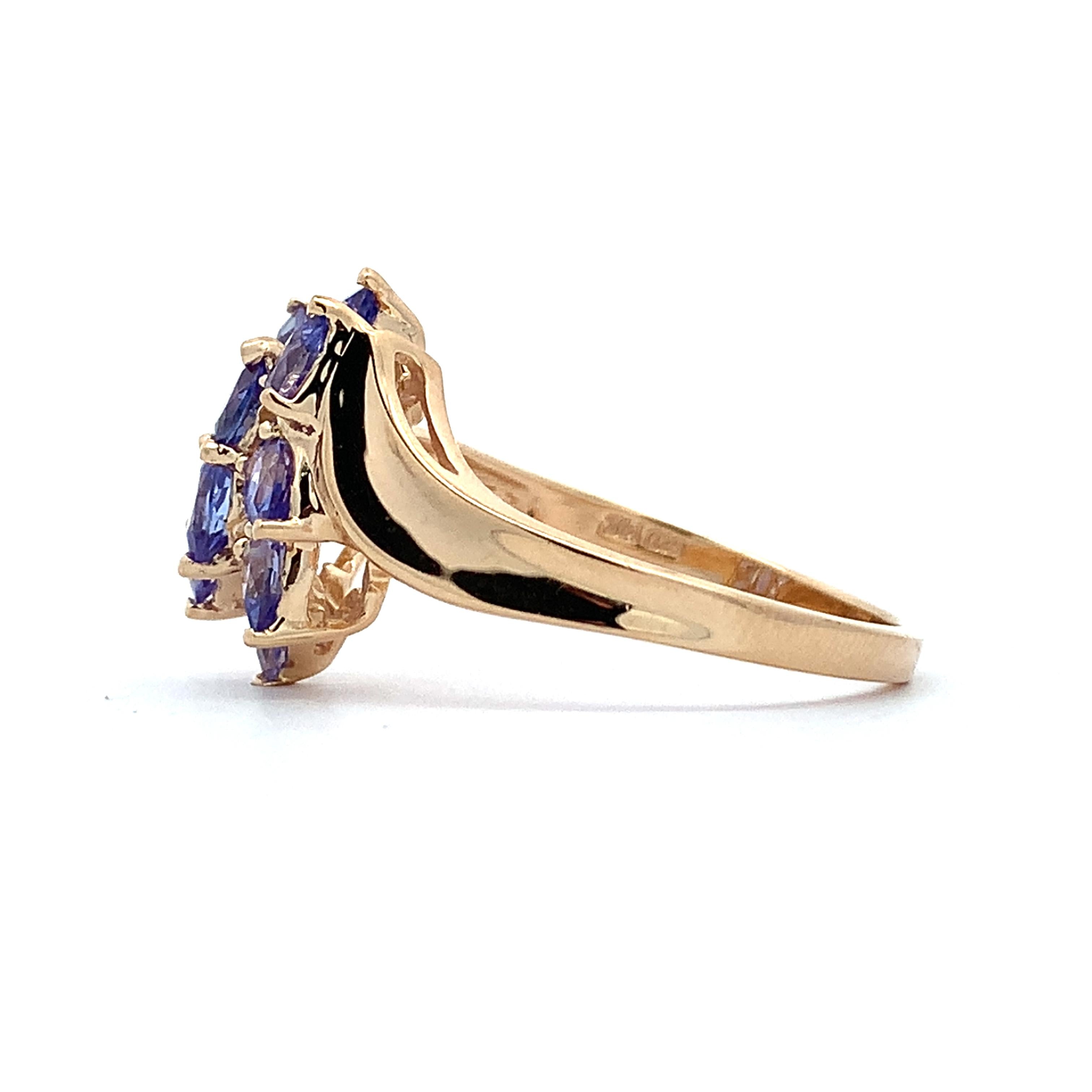 14K Yellow Gold Pear Cut Purple Tanzanite Bypass Shanks Cluster Ring Size 8.75